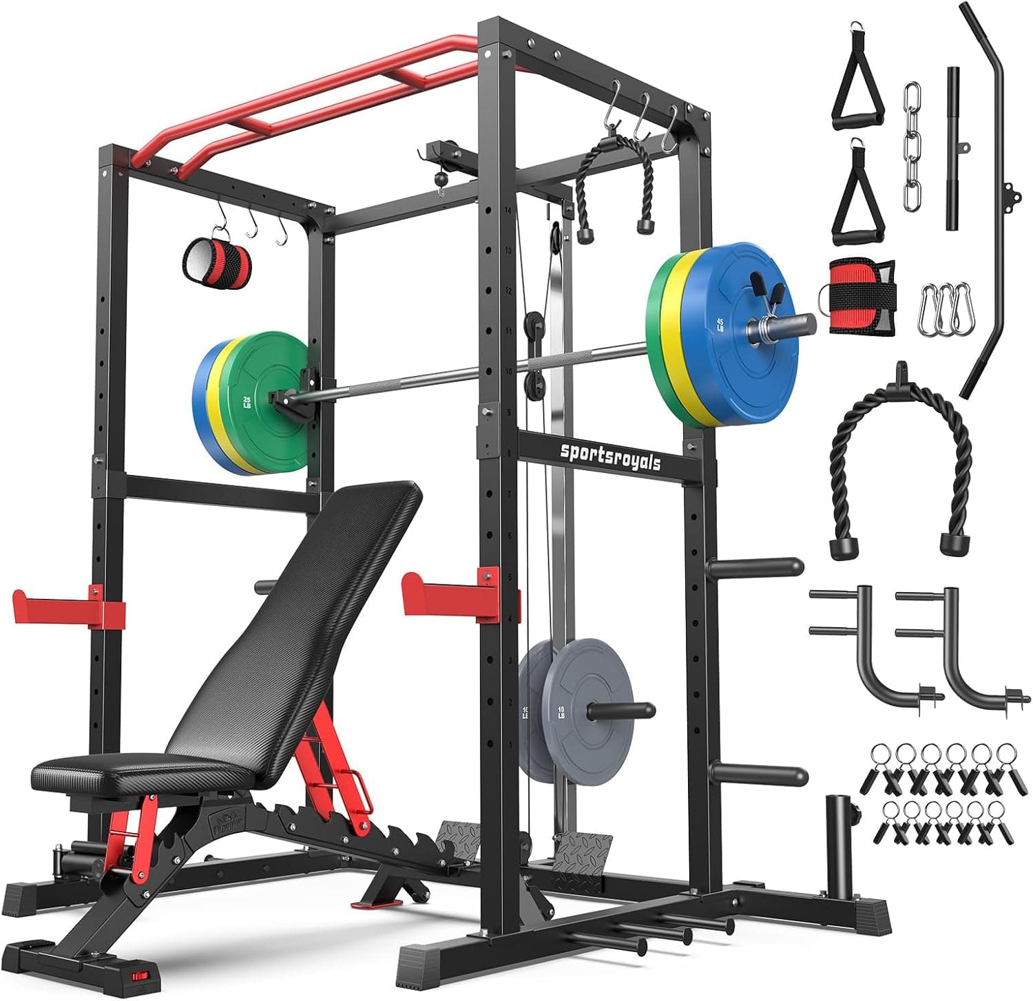 SPORTSROYALS Power Rack, Multi-Functional Power Cage, Squat Rack with Pulley System & LAT Pull Down, Workout Cage with J Hooks for Home Gym - image 1