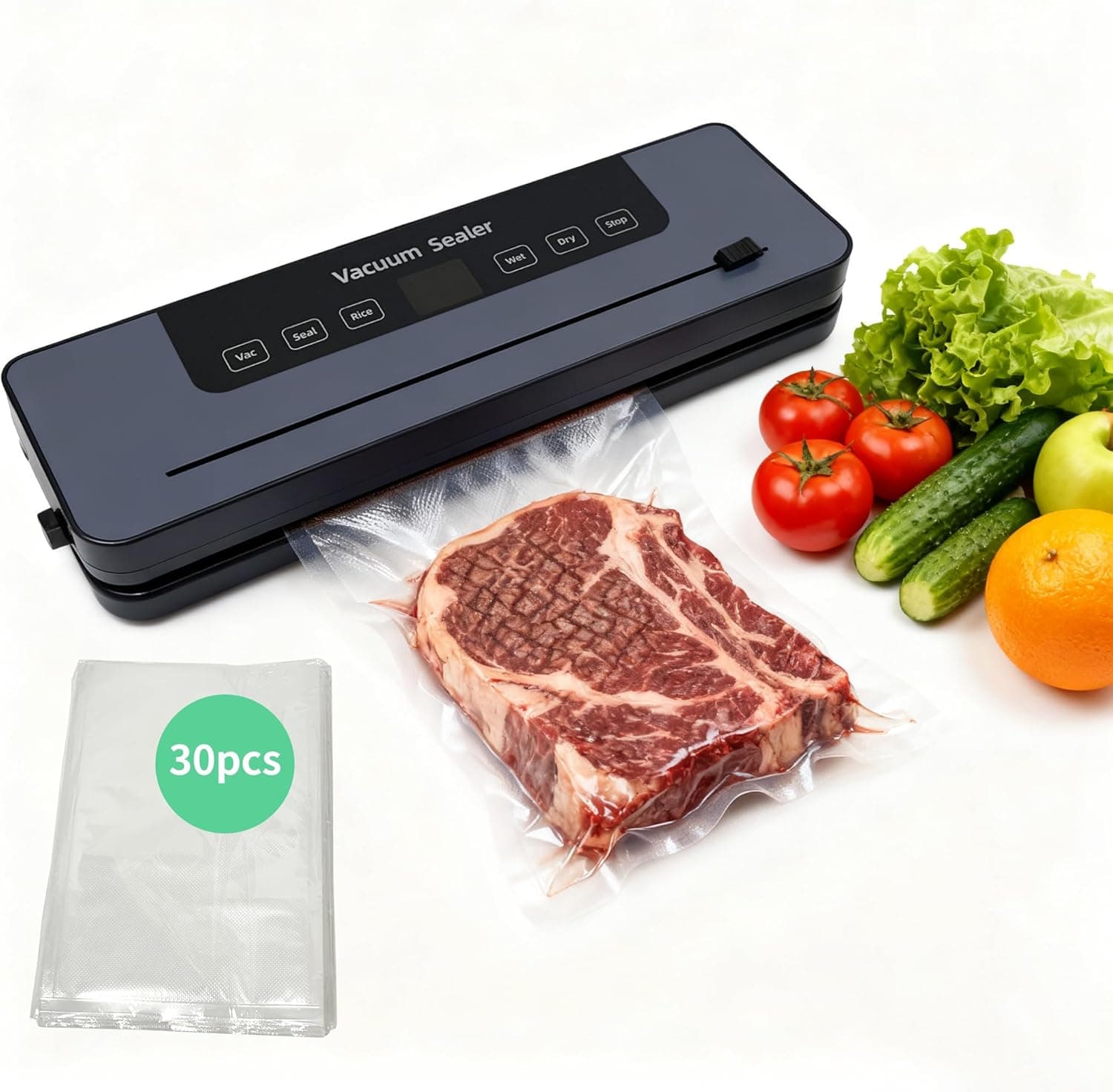 Vacuum Sealer Machine 75kpa Suction Power, includes 30 Bags and Cutter Included, Compact One-Touch Automatic Food Sealer,5 modes, Dry Moist Fresh Modes for All Saving needs