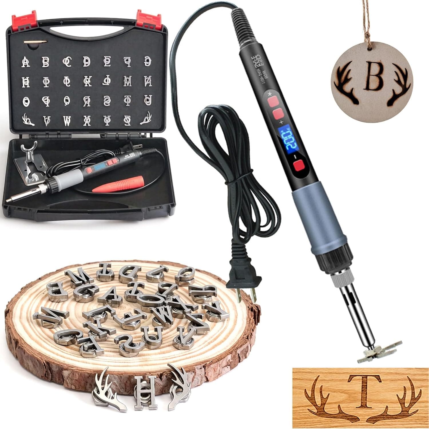 28Pcs Customizable Electric Branding Iron Kit for Beginners – 26 Letters & 2 Antlers, Digital Temperature Display, No Flame Needed – Perfect for DIY Wood, Leather & Food Branding (28Pcs Mini 0.6")