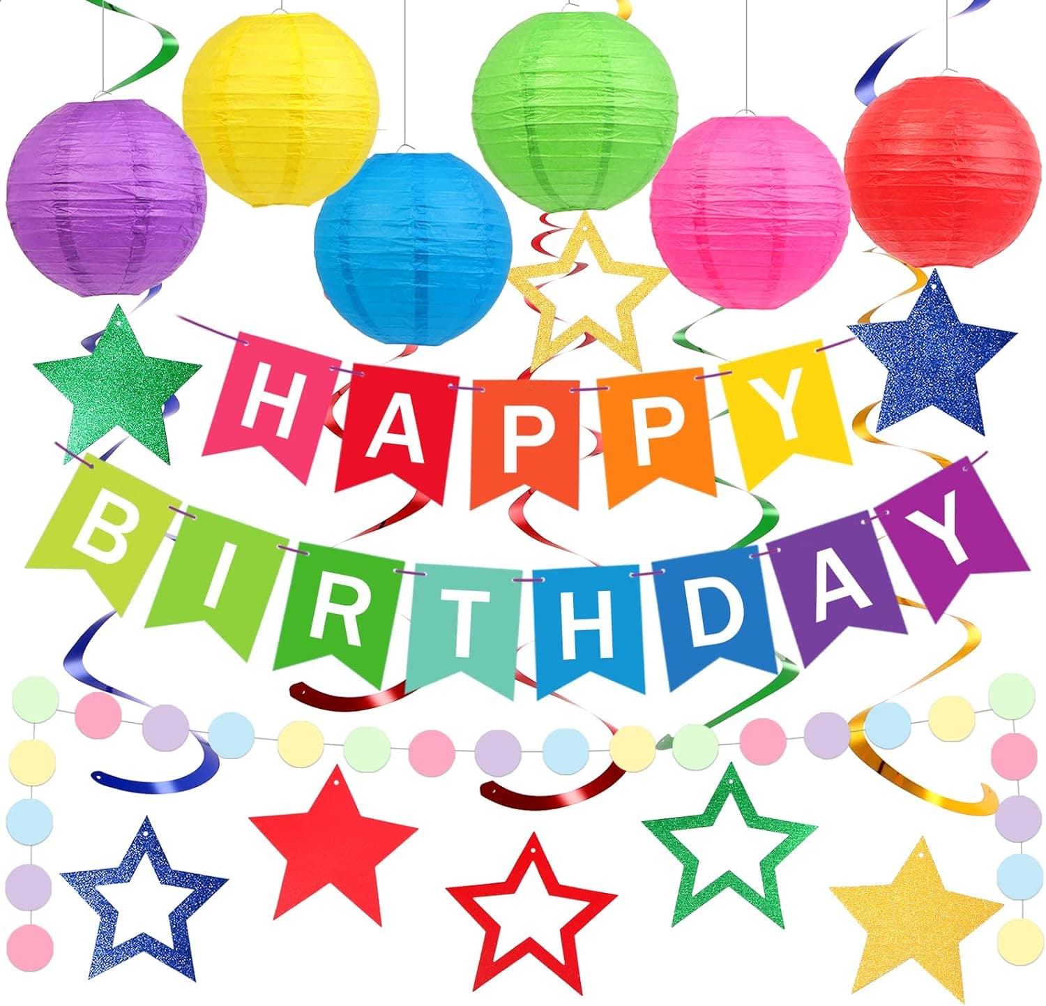 Happy Birthday Decorations, Colorful Birthday Party Decorations Set with Happy Birthday Banner, Paper Lanterns, Star Swirl Hanging Decorations & Circle Dots Garland