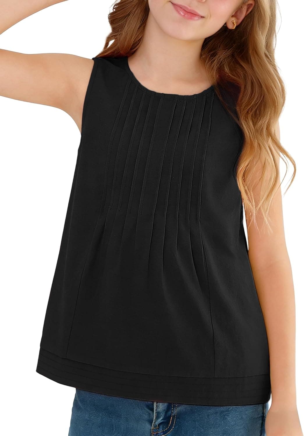 Girls Tops Cute Summer Tank Tops Round Neck Sleeveless T Shirts Casual Pleated Blouses 5-14 Years