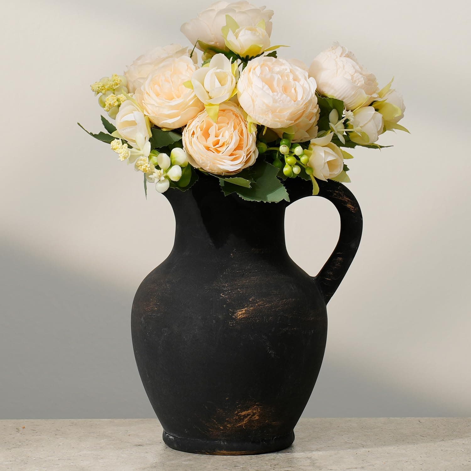 7.8 Inch Tall Vintage Ceramic Flower Vase with Handles,Rustic Farmhouse Vase for Home Decor,Distressed Decorative Terracotta Vase for Table Centerpiece Entryway Living Room Bedroom (004-bronze)
