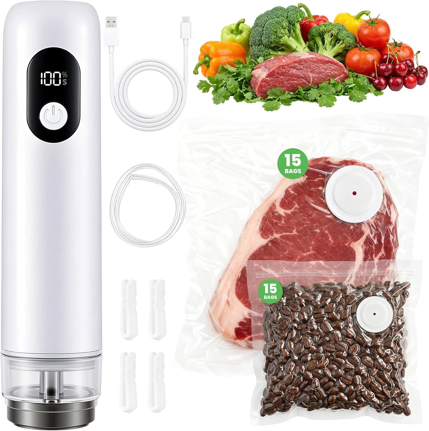 Compact Vacuum Sealer Machine 1500mAh Battery, Handheld Food Sealer with 30 Reusable Bags, 60kPa Suction & USB-C Charging, Portable Vacuum Sealer for Dry/Moist/Canister/Wine - image 1