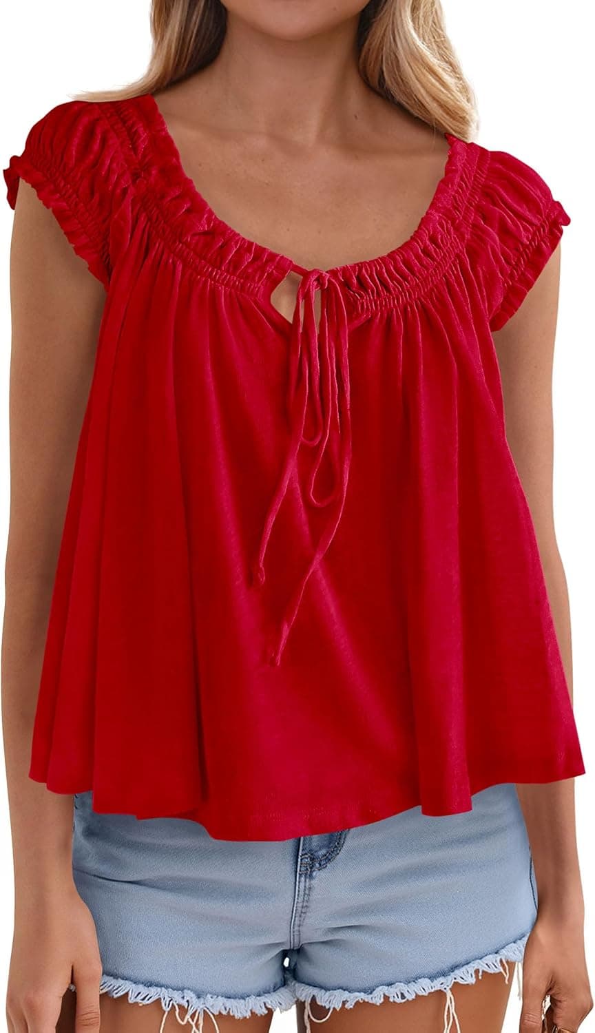 PRETTYGARDEN Women Babydoll Tops 2026 Summer Clothes Cap Sleeve Tie Front Flowy Tank Top Peplum Blouses Cute Going Out Shirts