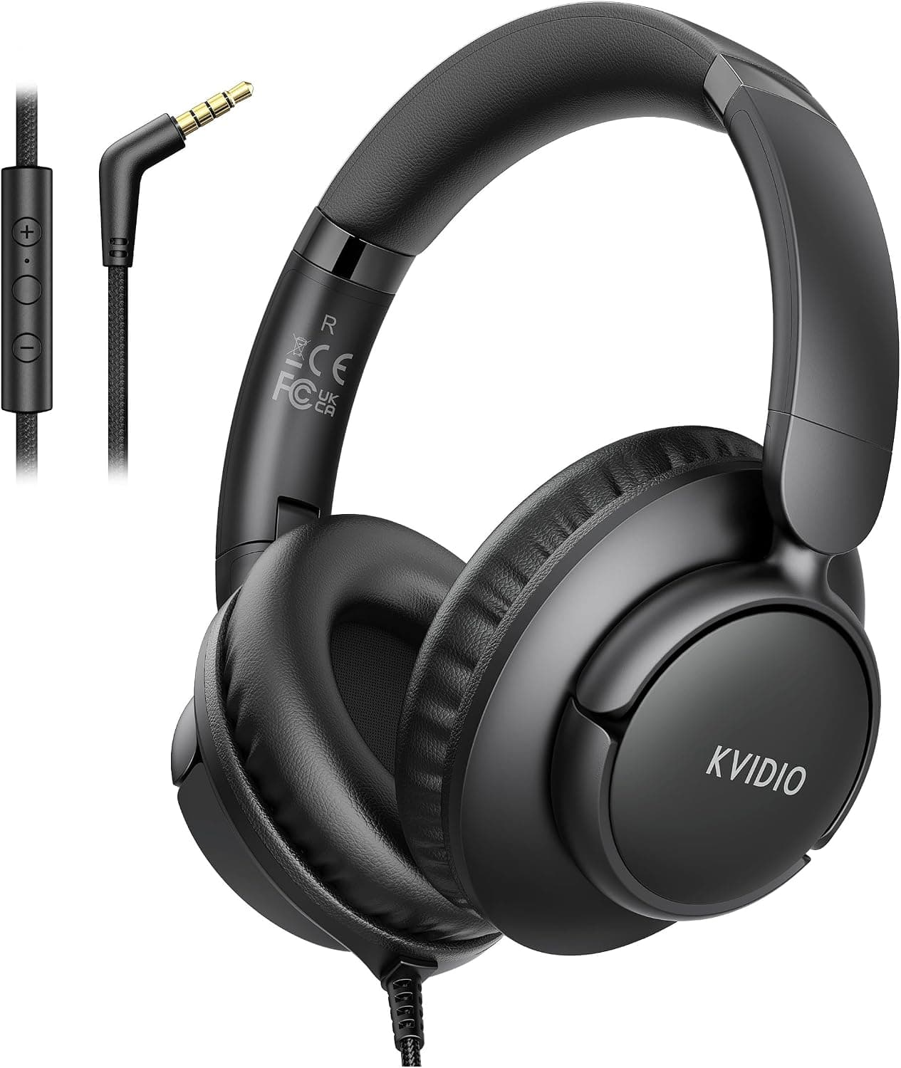 KVIDIO Wired Headphones with Microphone, Over Ear Lightweight Foldable 3.5mm Plug in Corded Headphones Wired with Volume Control, 4.9ft Tangle-Free Cord for Tablet Laptop MP3/4 School Travel Black