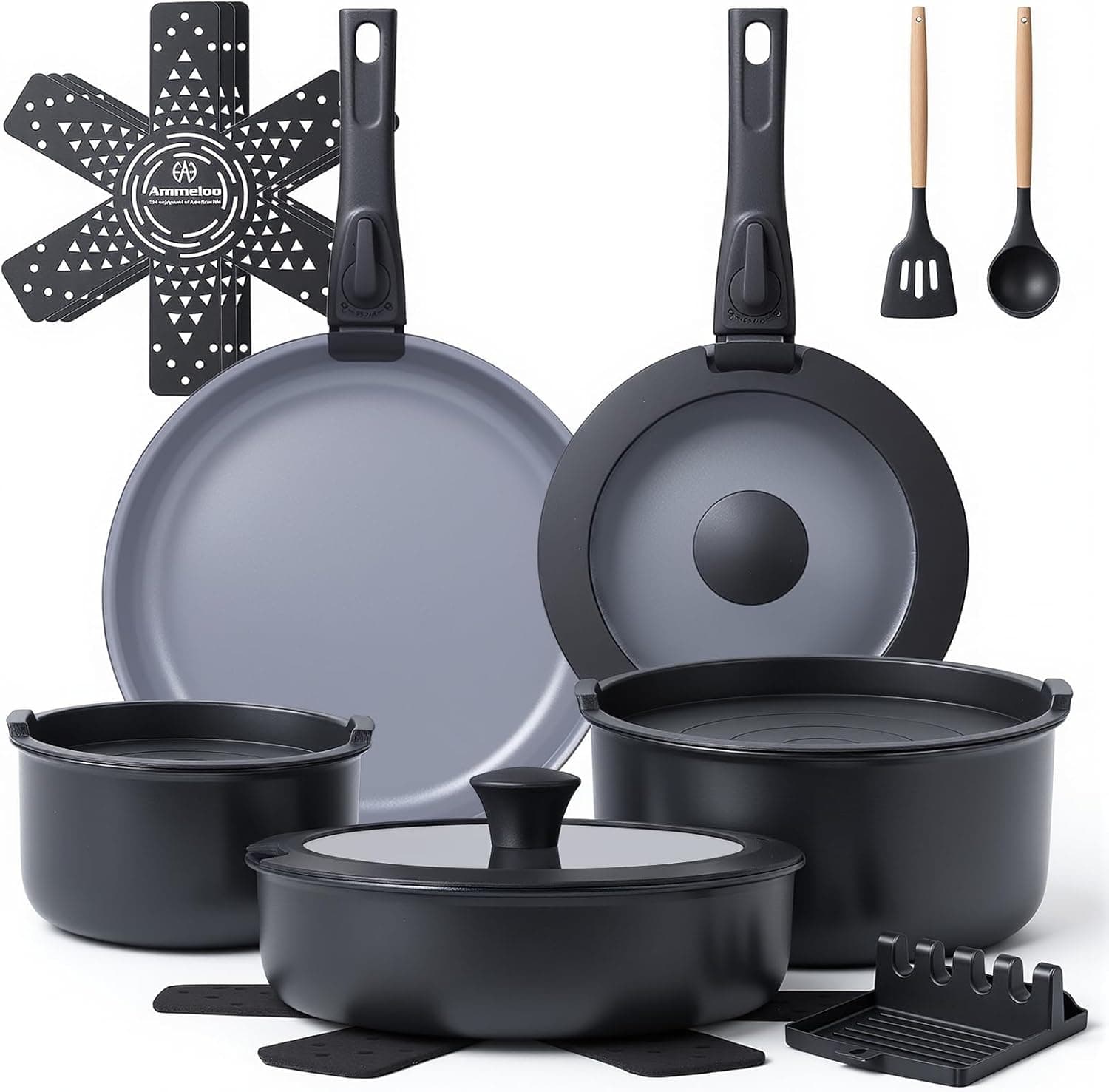 Ammeloo 18-Piece Ceramic Pots and Pans Set Non Stick, Non Toxic Cookware Set with Removable Handles, Pot Sets for Cooking, Induction Ready, Dishwasher & Oven Safe, PFAS PFOA & PTFE Free (Black)