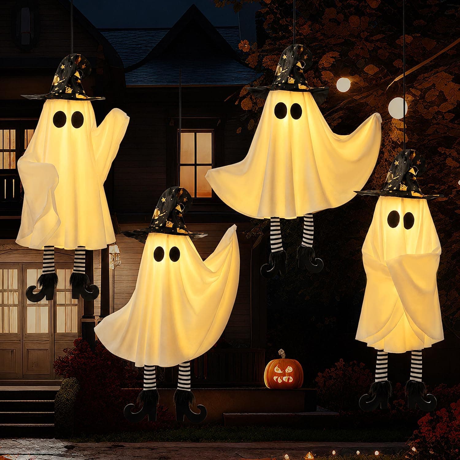 Halloween Decorations Outdoor Indoor, 4pcs Hanging Ghost Decor with Light, Adjustable Arm Swinging Witch Hat Ghosts for Halloween Decor, Perfect for Yard, Patio, Garden, Tree (Includes 24 Batteries)