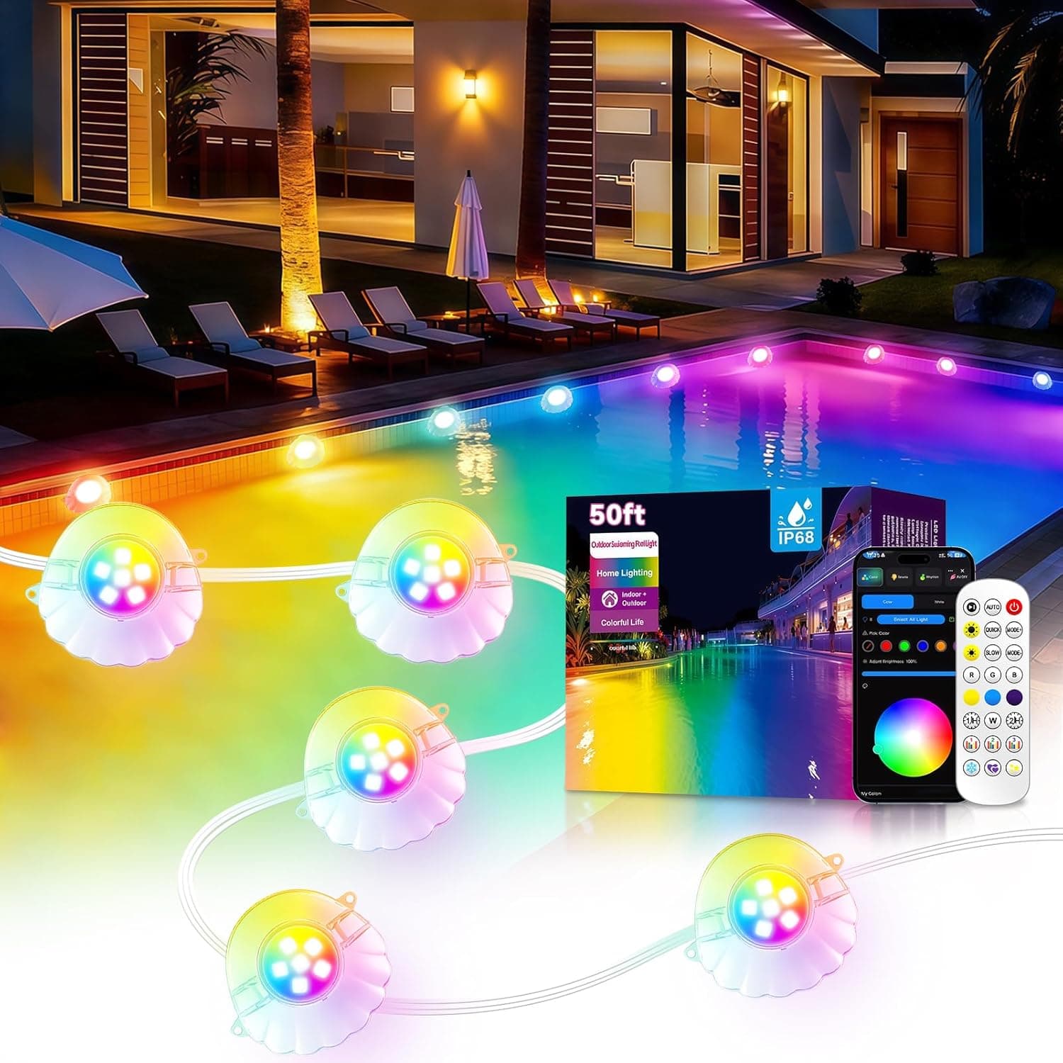 50FT RGB Pool Lights for Inground & Above Ground Pools, Plug-in 8 Shell Pool LED String Lights,IP68 Waterproof, Remote/APP Control,16 Million Colors,44 Dynamic Modes for Swimming Pool Decor