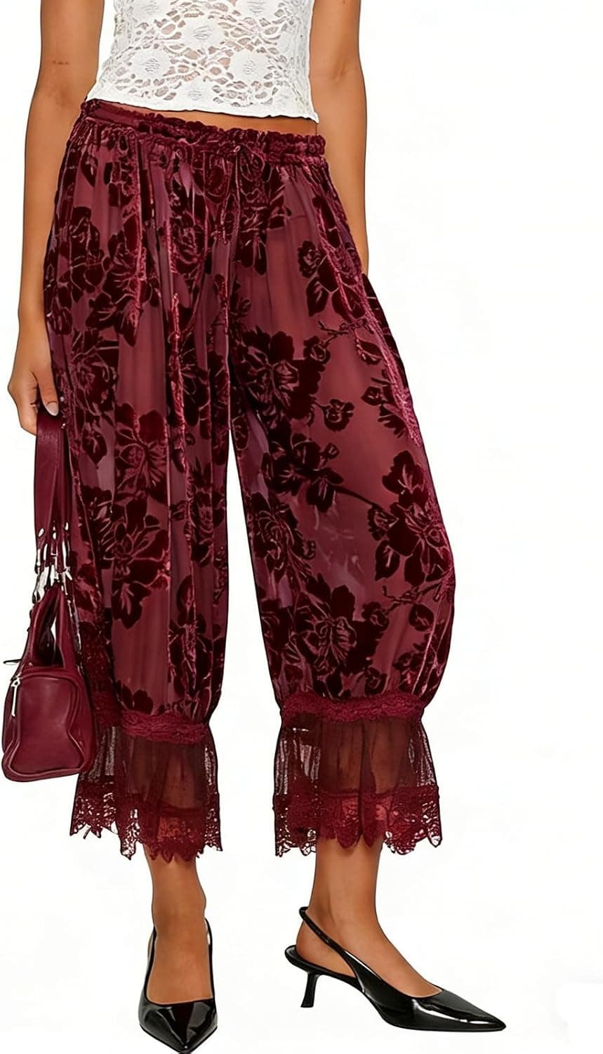 Women Lace Trim Long Bloomers Y2K Elastic Mid Rise Floral Ruffle Pantaloons Flared Slips Pants Pajama Bottoms