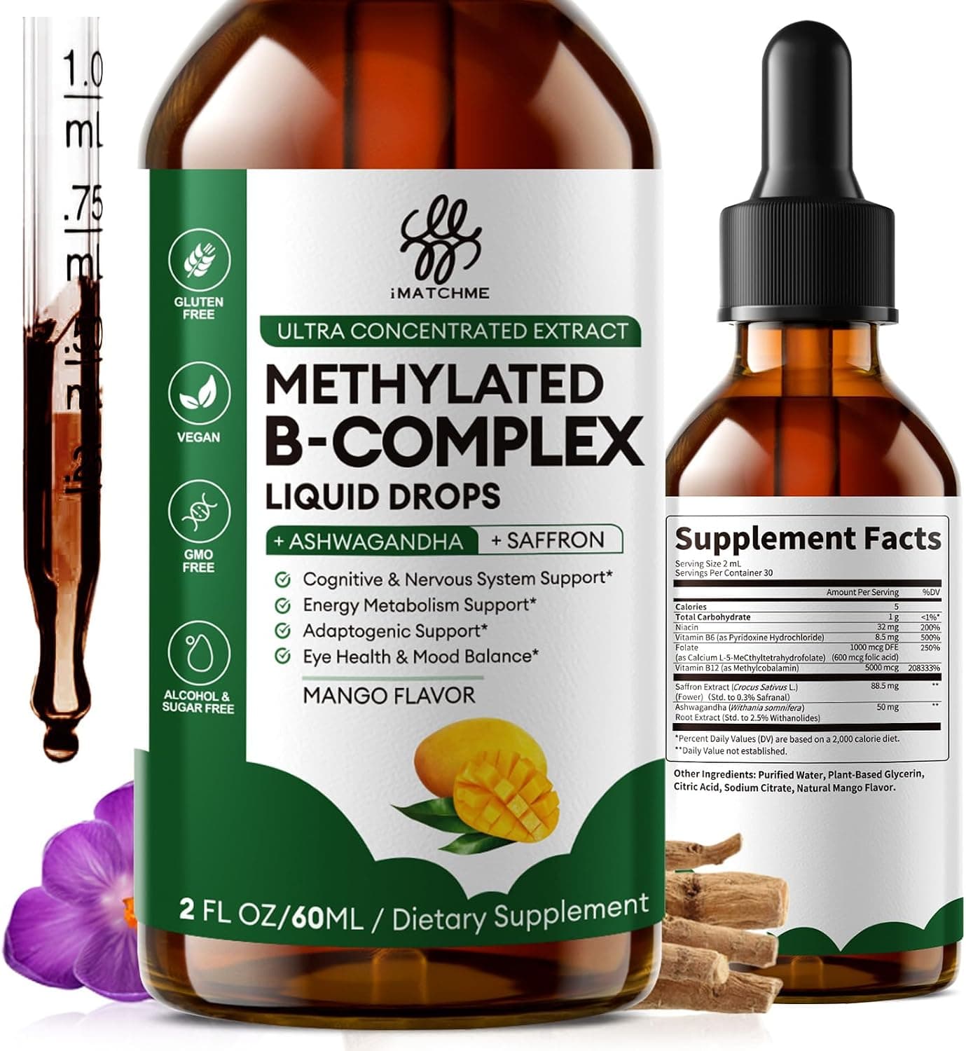 iMATCHME Methylated B-Complex Liquid Drops | Active B12 (Methylcobalamin), L-5-MTHF Folate & B6 | Ashwagandha & Saffron | Energy, Focus & Brain Support | Vegan, 2 Fl Oz