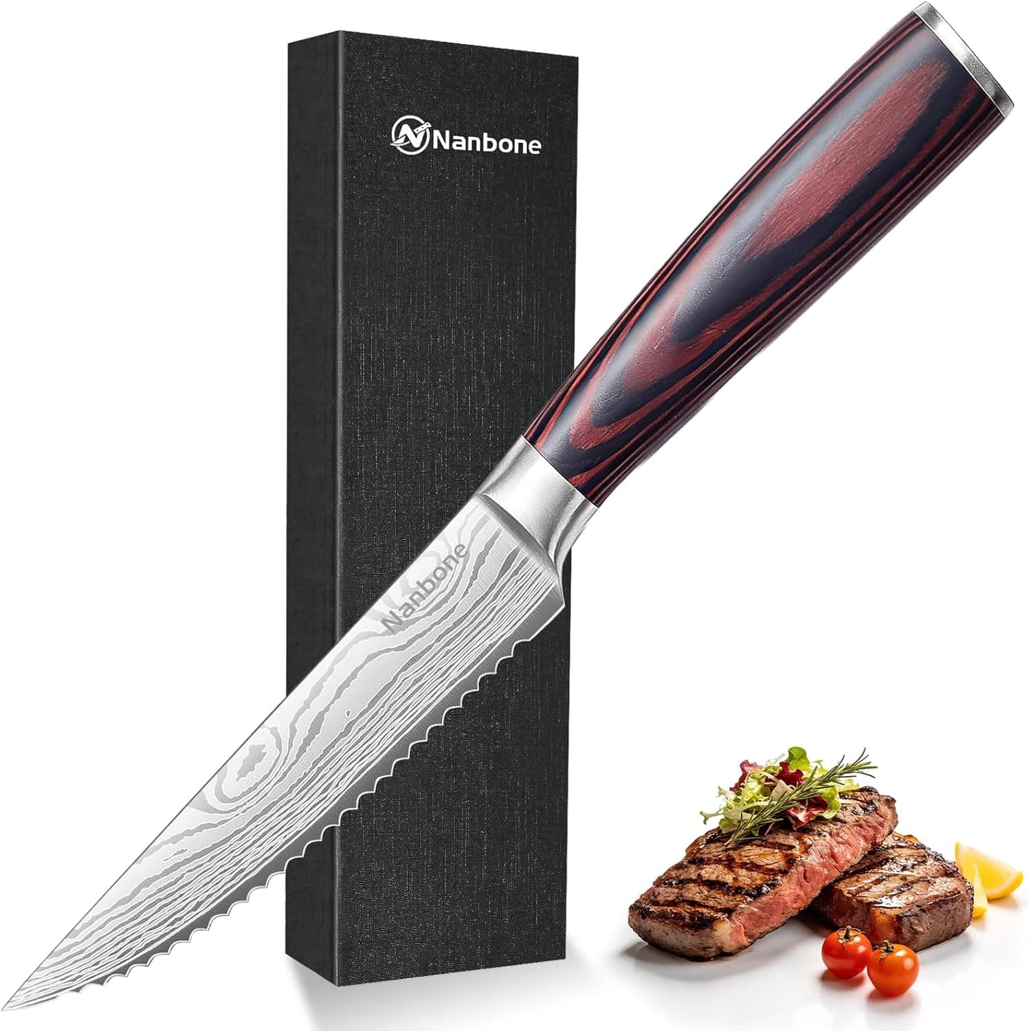 4.5 Inch Serrated Steak Knife - Ultra Sharp Serrated Knife Japanese High Carbon Steel Blade, Ergonomic Handle, Premium Kitchen Cutlery for Steak, BBQ & Outdoor Meals