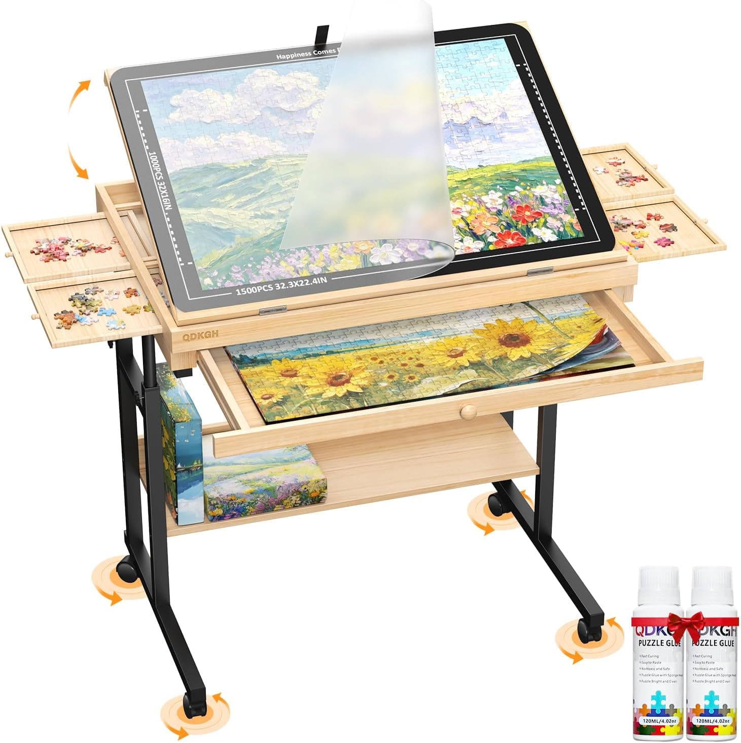 1500-Piece Wooden Puzzle Table with Moving Caster for Family Puzzling, Height Adjustable Puzzle Board with Drawers & Felt Cover for Adults & Kids, Gift for Mom, Parent, and Puzzle Enthusiasts