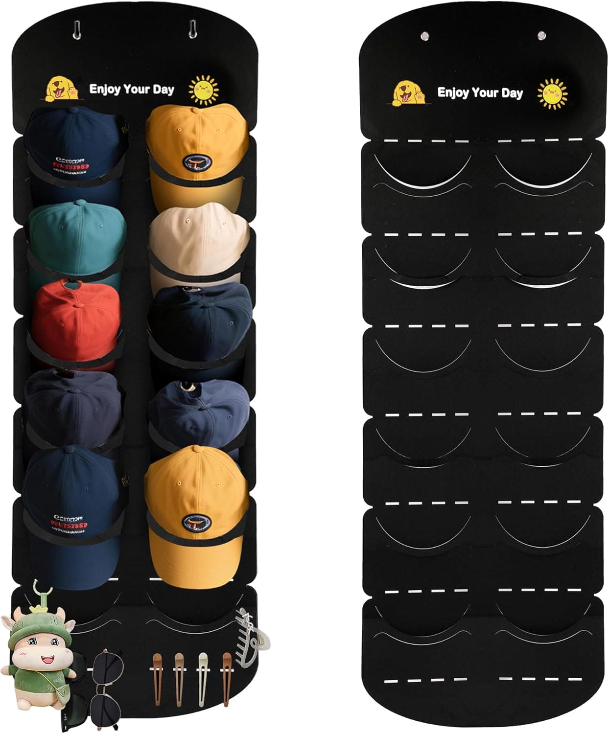 Hat Organizer for Baseball Caps, Over The Door Cap Organizer Cap Hat Holder with 12 Deep Clear Pockets, Hat Storage to Protect and Display with 2 Hook