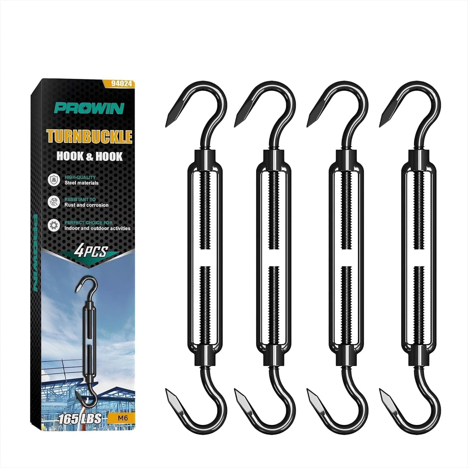 PROWIN 4PCS M6 Hook to Hook Turnbuckle, 304 Stainless Steel with Black Electrophoresis Finish, Heavy Duty Adjustable Tensioner for Shade Sail, Wire Rope, Chain, Clothesline & Tent Installation