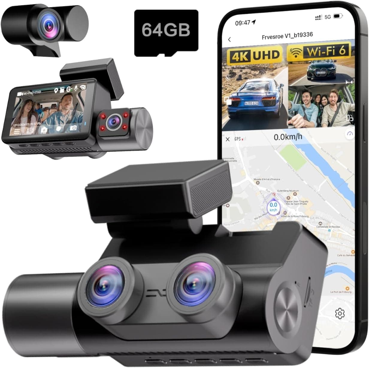 4K 3 Channel Dash Cam Front and Rear Inside with WiFi 6 & GPS, 4K+1080P+1080P Dash Camera for Cars, FREE 64GB Card, IR Night Vision, 24H Parking Mode,Dashcam for Family & Rideshare Driver(V1)