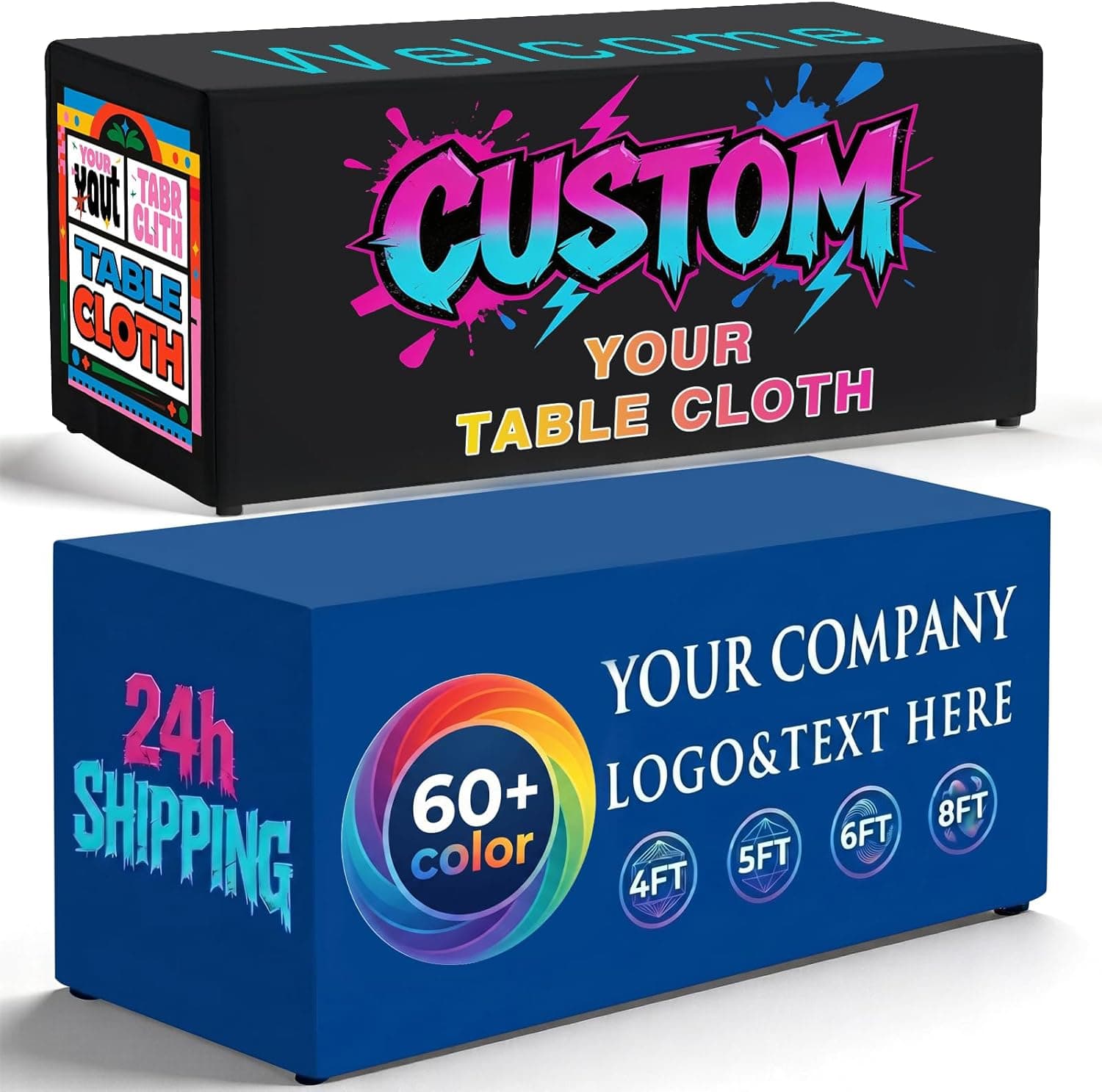 Shipping Next Day Personalized Table Cloth with Logo 4FT 5FT 6FT 8FT Custom Table Cover with Business Logo for Tradeshow Events Company School Shop Other Important (132" x 69" (6FT Open Back))