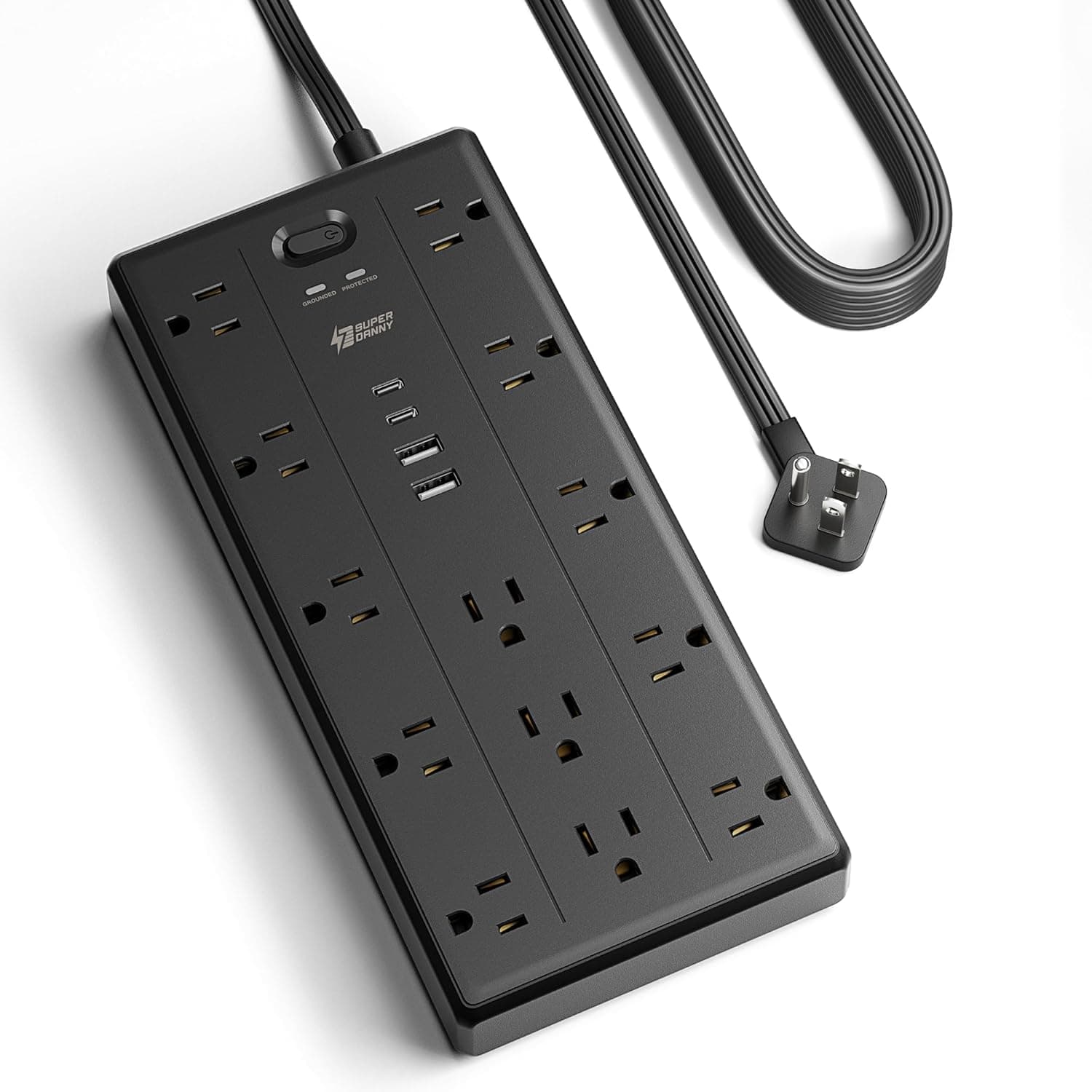 10Ft Extension Cord with Multiple Outlets, Flat Plug Power Strip with 2100J Surge Protector, 13 Outlets, 2 USB A, 2 USB C, Desk USB Charging Station, Home Office, College Dorm Room Essentials, Black