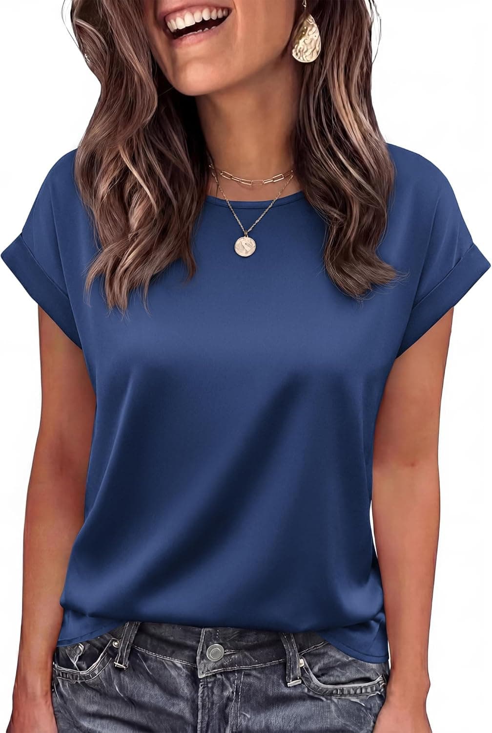 BTFBM Summer Tops for Women 2026 Dressy Satin Blouses Loose Crew Neck Short Sleeve Shirts Work Business Casual Outfits - image 1