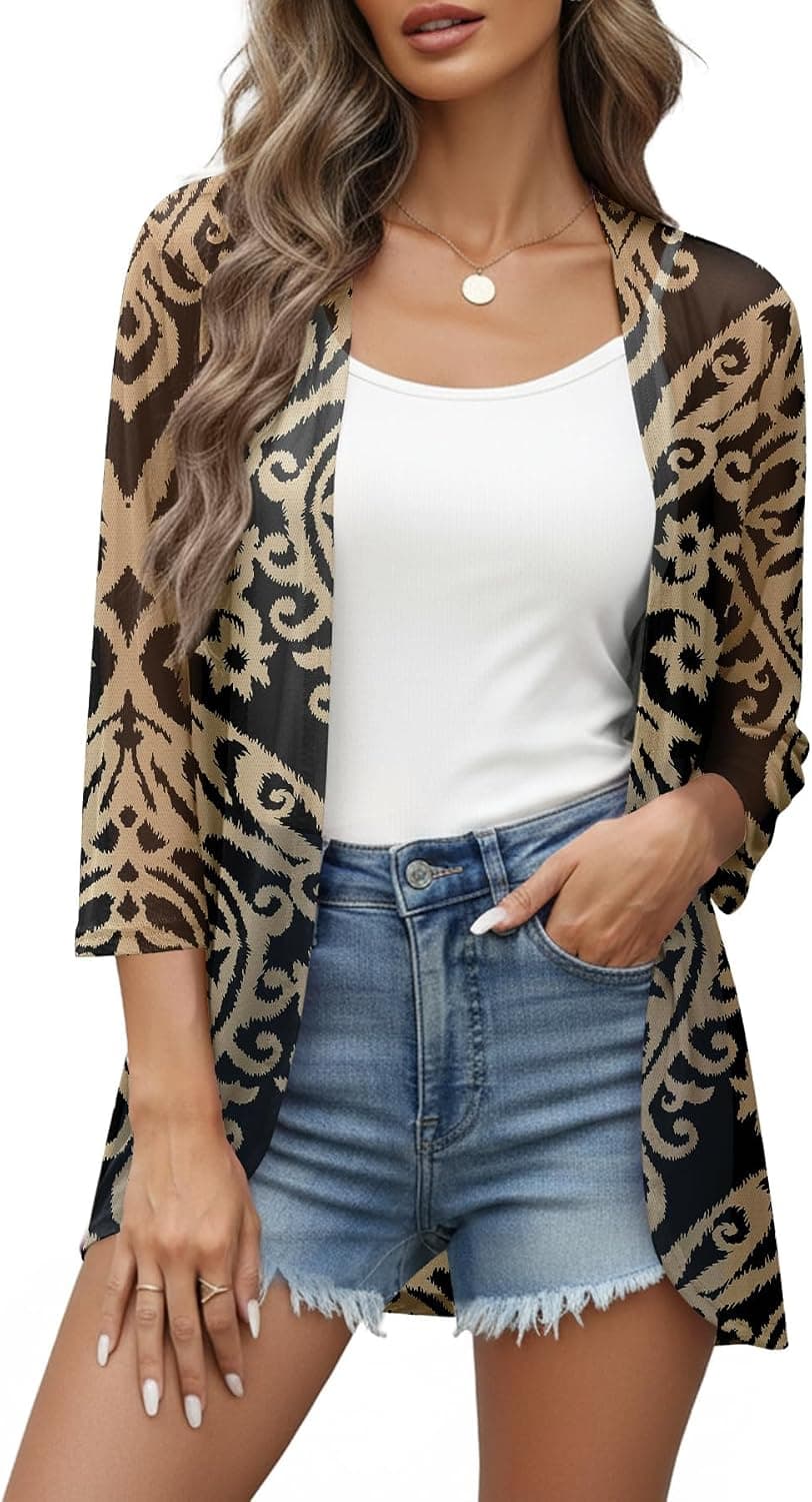1-3 Pack Beach Cover Ups for Women Sheer Mesh Cardigan 3/4 Sleeve