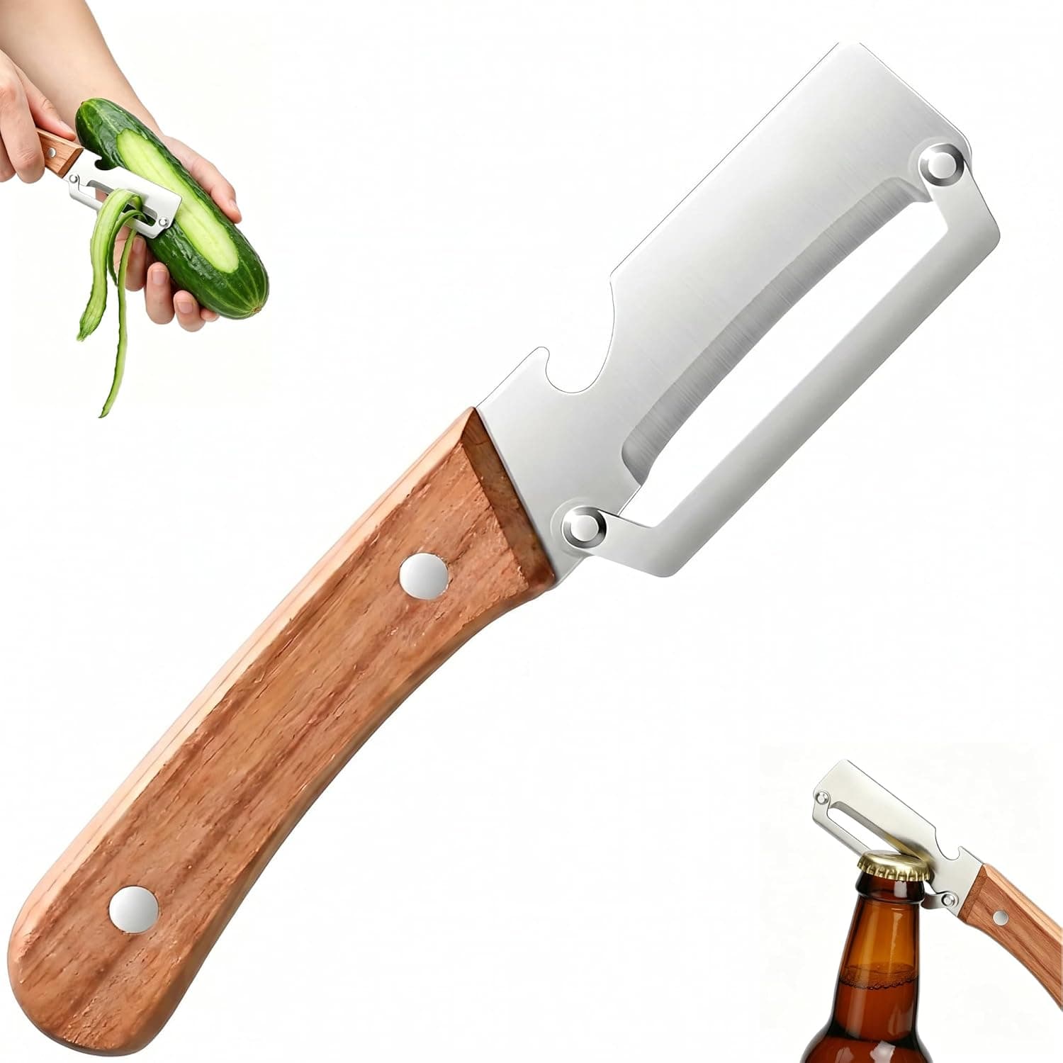 Multifunctional Vegetable Peeler for Kitchen, Ergonomic Kitchen Peeler with Bottle Opener Stainless Steel Peeler with Wooden Handle for Fruits & Vegetables Multi Functional Vegetable Peeler