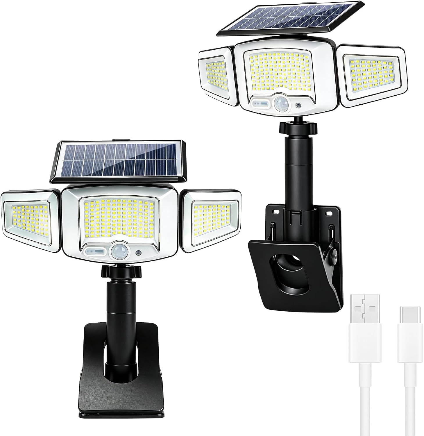 Tryme Clip On Solar Lights Outdoor, Motion Sensor, 231 LEDs 1500 Lumens | 3 Heads Clamp Solar Flood Lights, Solar & USB Charging, Security Lights for Fence, House, RV (No Screws, 2 Pack)