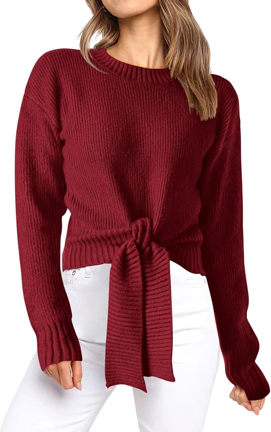 Okiwam Women's Long Sleeve Cropped Sweaters Casual Knit Pullover Tie Front Crew Neck Fall Outfits Spring Fashion Clothes 2026 - image 1