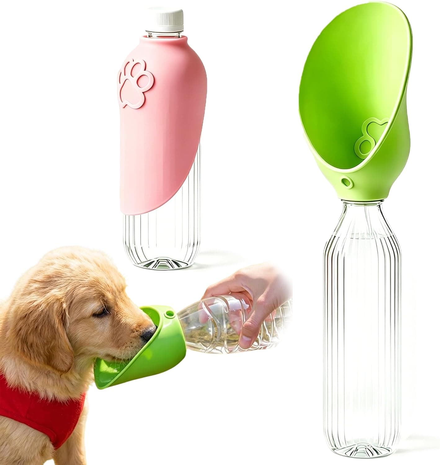 Dog Water Bottle Adapter Portable Silicone Dog Water Dispenser for Standard Water Bottles Leak Proof Outdoor Pet Water Feeder Bowl for Dog Cat Walking Hiking Travel Foldable Leaf Design (Green)