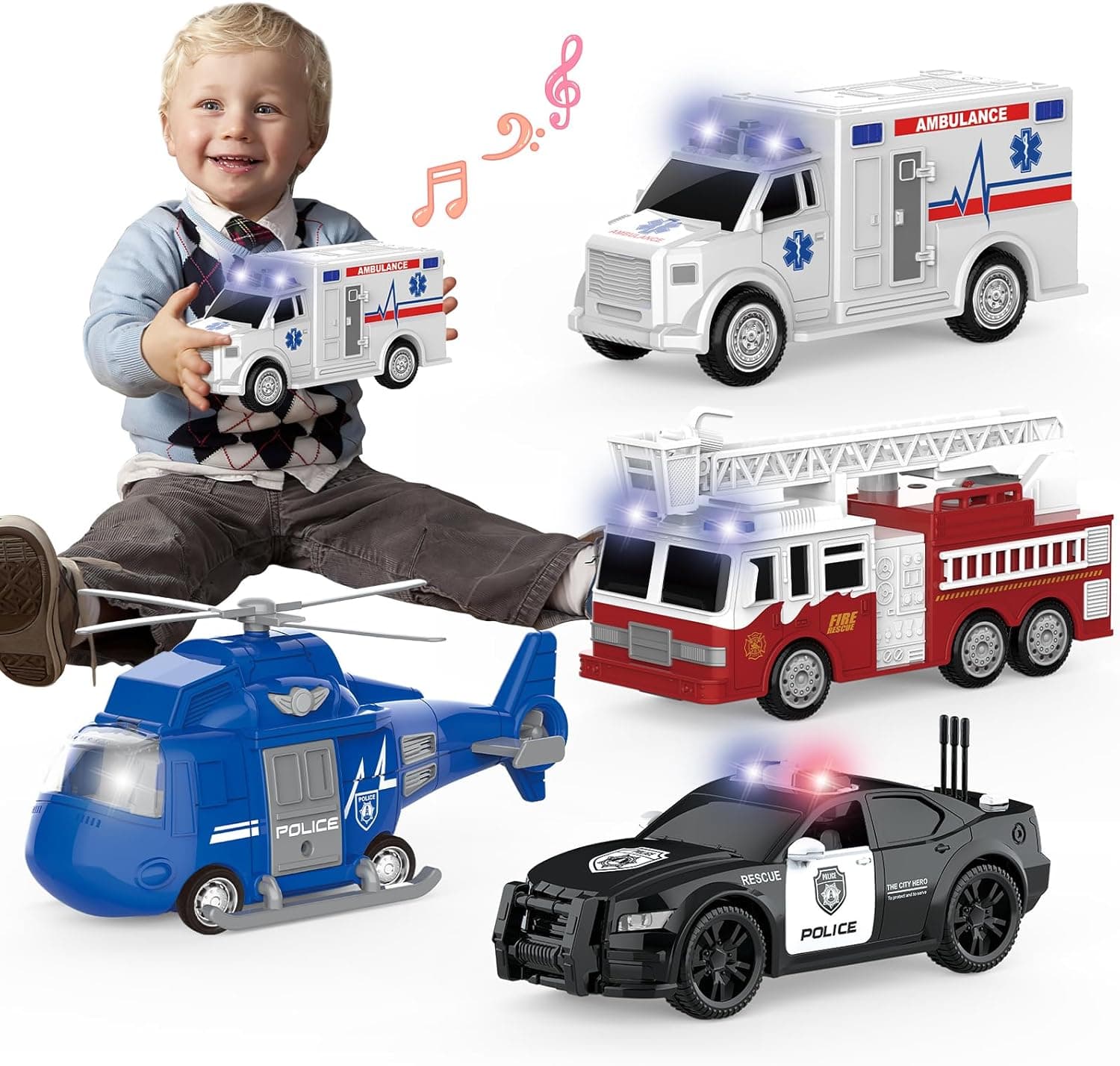 4 Pack Emergency Vehicles with Lights & Siren Sounds - Fire Truck, Ambulance, Police Car & Helicopter - Friction Powered Toys for Boys 3-6