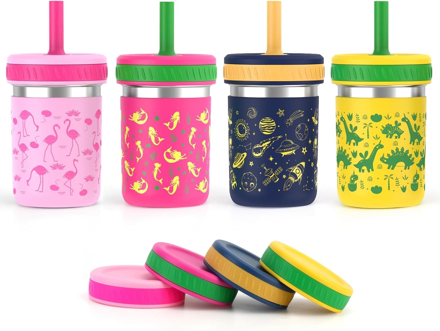 Sursip Toddler Glass Cups with Straw, Spill-Proof Kids Mason Jar Food Storage with Lids, Sippy Cups for Drinks, Smoothies, Snacks, Milk Cup [4 Pack] 8 oz 2-in-1