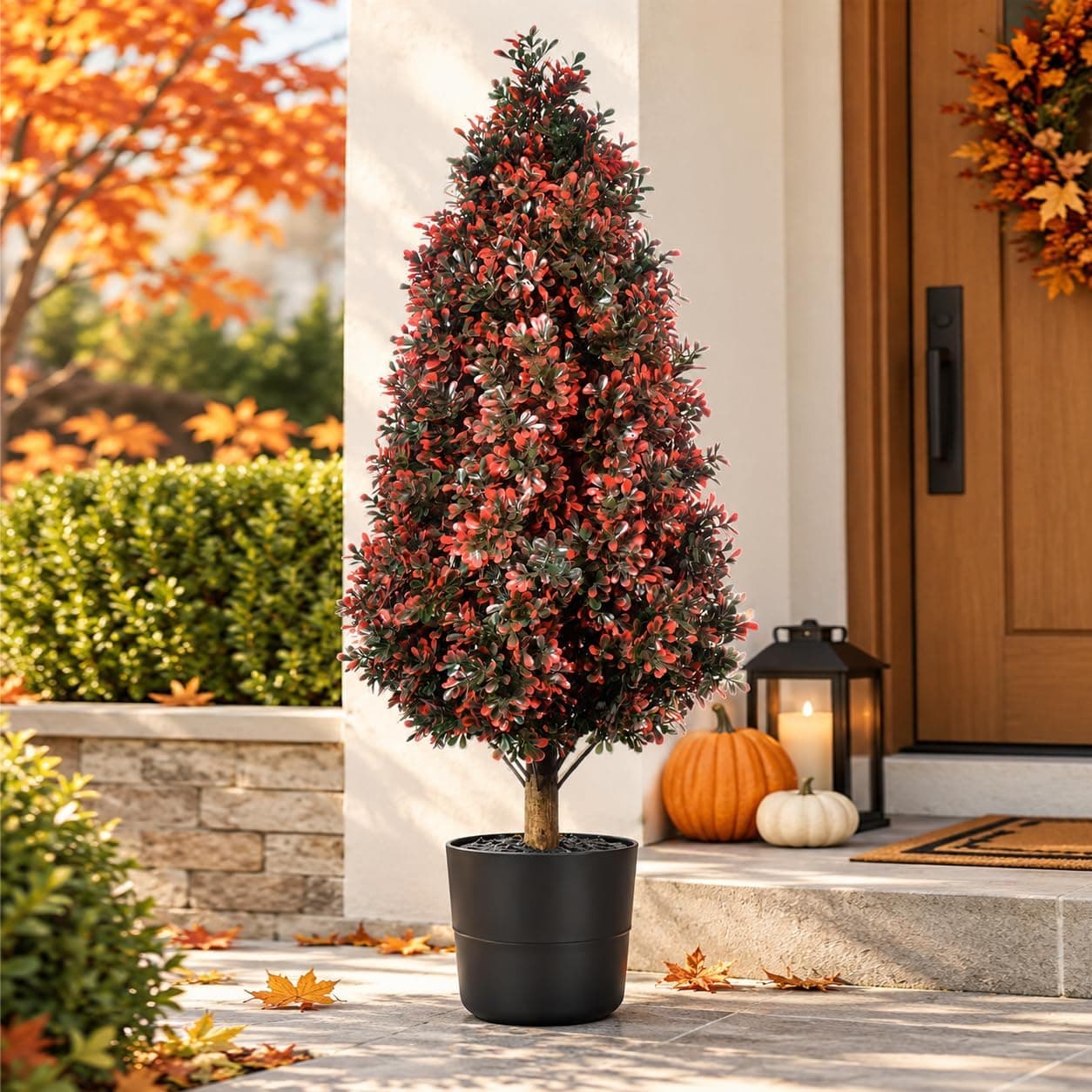 THKFUL 3FT Fall Artificial Red Boxwood Topiary Tree, UV Resistant Faux Bushes & Shrubs with Pot & Ground Stake for Front Porch, Entryway, Patio, Harvest & Thanksgiving Decor