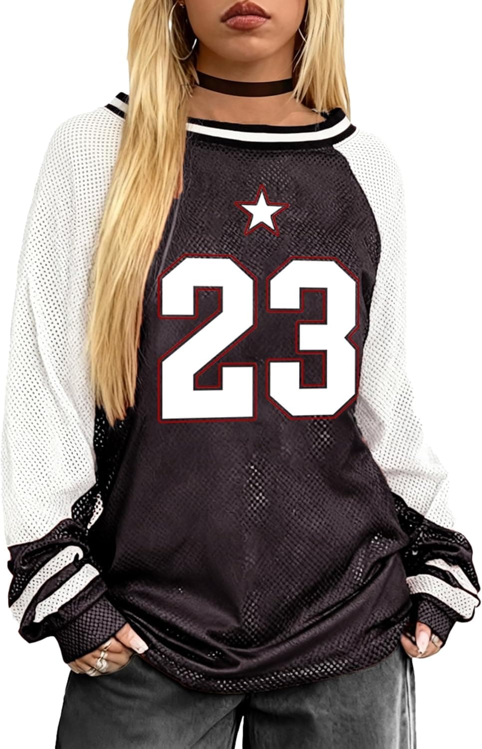 Y2k Oversized Mesh Jersey Long Sleeve Tees for Women Vintage Number Graphic Casual Streetwear Tops