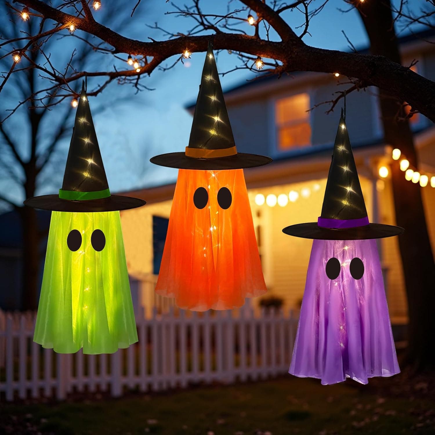 DAZONGE 3 Pack Light-up Halloween Hanging Witch Ghost Decor Outdoor