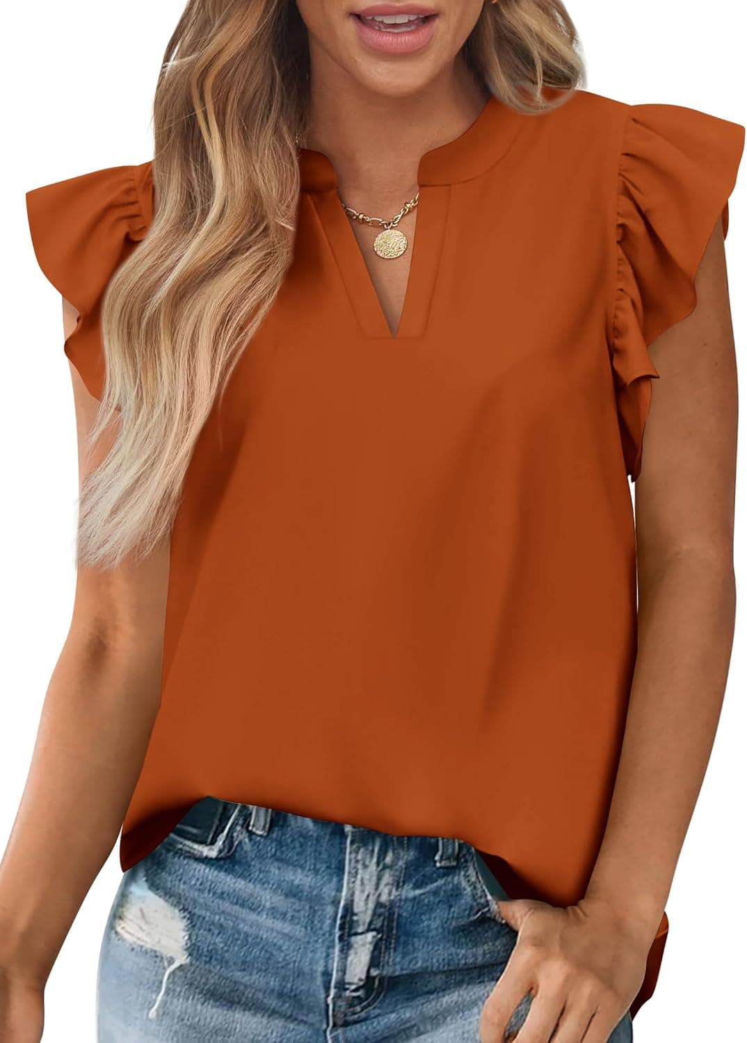 Zenlonr Womens Summer Tops 2026 Casual V Neck Ruffle Cap Sleeve Blouse Shirts Solid Color Tunic Tops - image 1