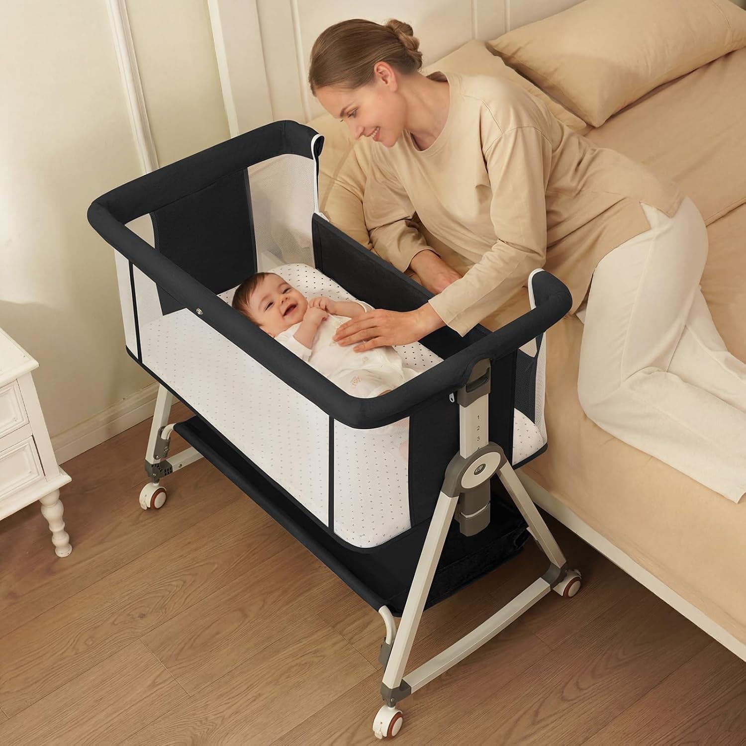 3 in 1 Bedside Bassinet for Baby, Easy to Assemble & Portable Bedside Crib for Newborns with Storage Basket, Lockable Wheels & Breathable Mattress, 6-Position Height Adjustment - image 1