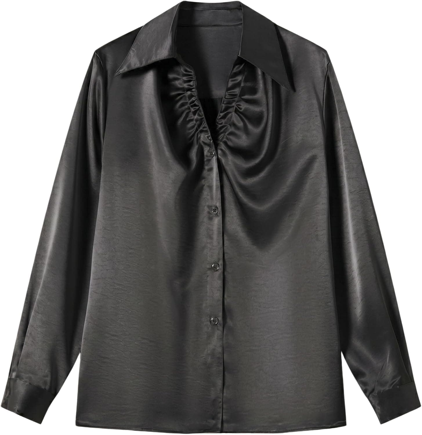Womens Satin Blouse Ruched V Neck Long Sleeve Button Down Shirts Dressy Elegant Silk Tops Summer Casual Outfits - image 1