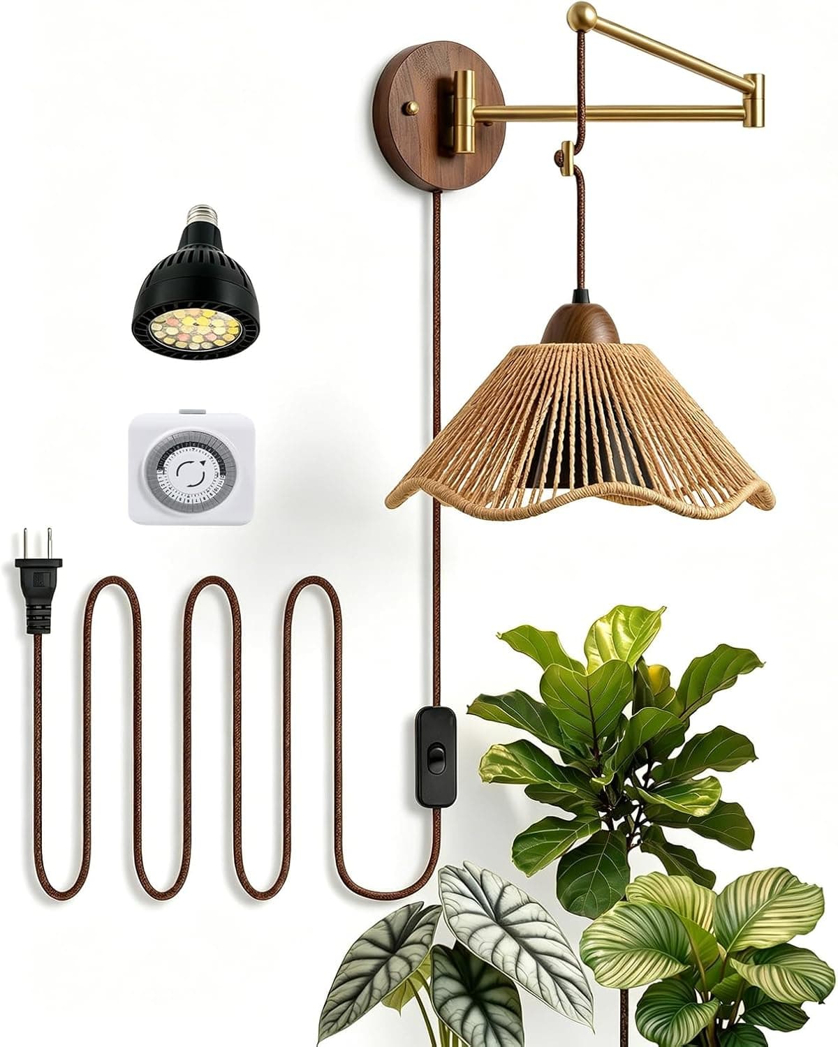 40W Full Spectrum LED Grow Light for Indoor Plants, Boho Wall Mounted Plant Light with Adjustable Swing Arm, Plug in Sconce with Timer & 12.5ft Cord, 4500K for Monstera, Orchids, Succulents