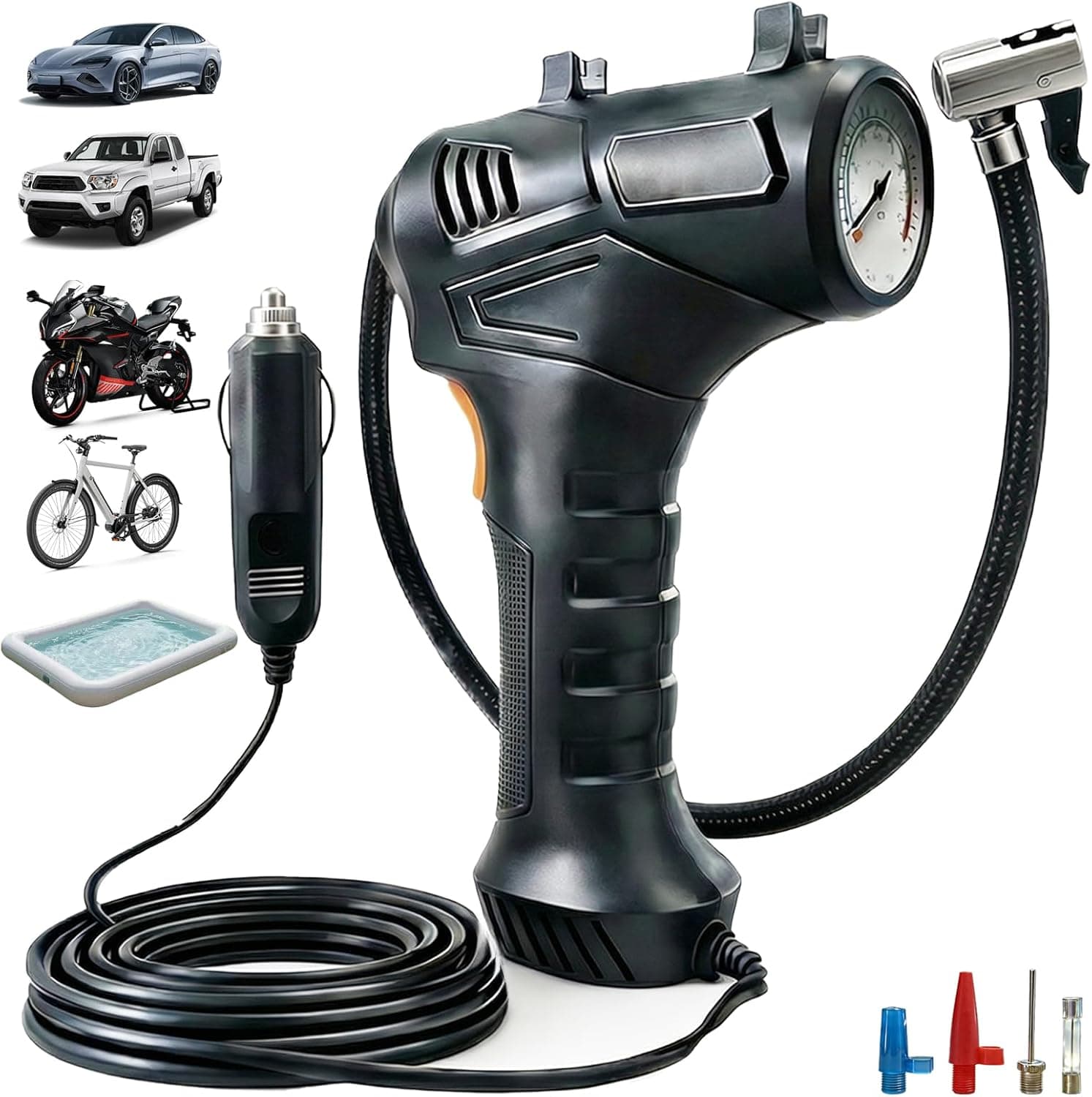 Tire Inflator Portable Air Compressor, 12V DC Air Pump for Car Tires with Digital Pressure Gauge, 150 PSI Pump for Car Tires with LED Light - Car, Motorcycle, Bicycle, Swimming Ring, Ball