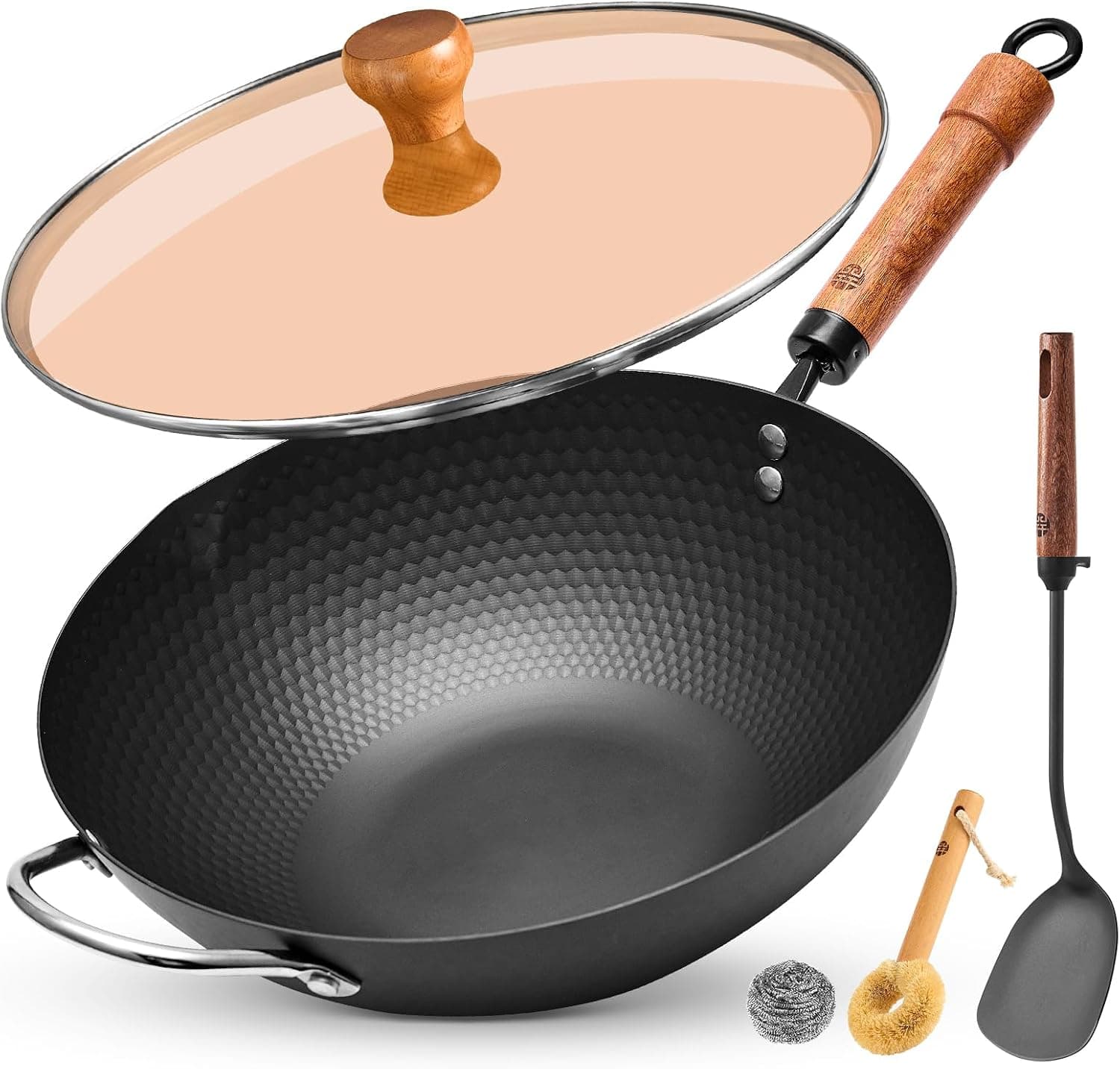 WANGYUANJI Flat Bottom Wok Pan, 12.6 Inch Carbon Steel Stir Fry Pan with Lid, Uncoated Heavy Duty Iron Woks for Cooking, Compatible with Induction Gas Electric Stovetops, Deep Frying Skillet Cookware - image 1