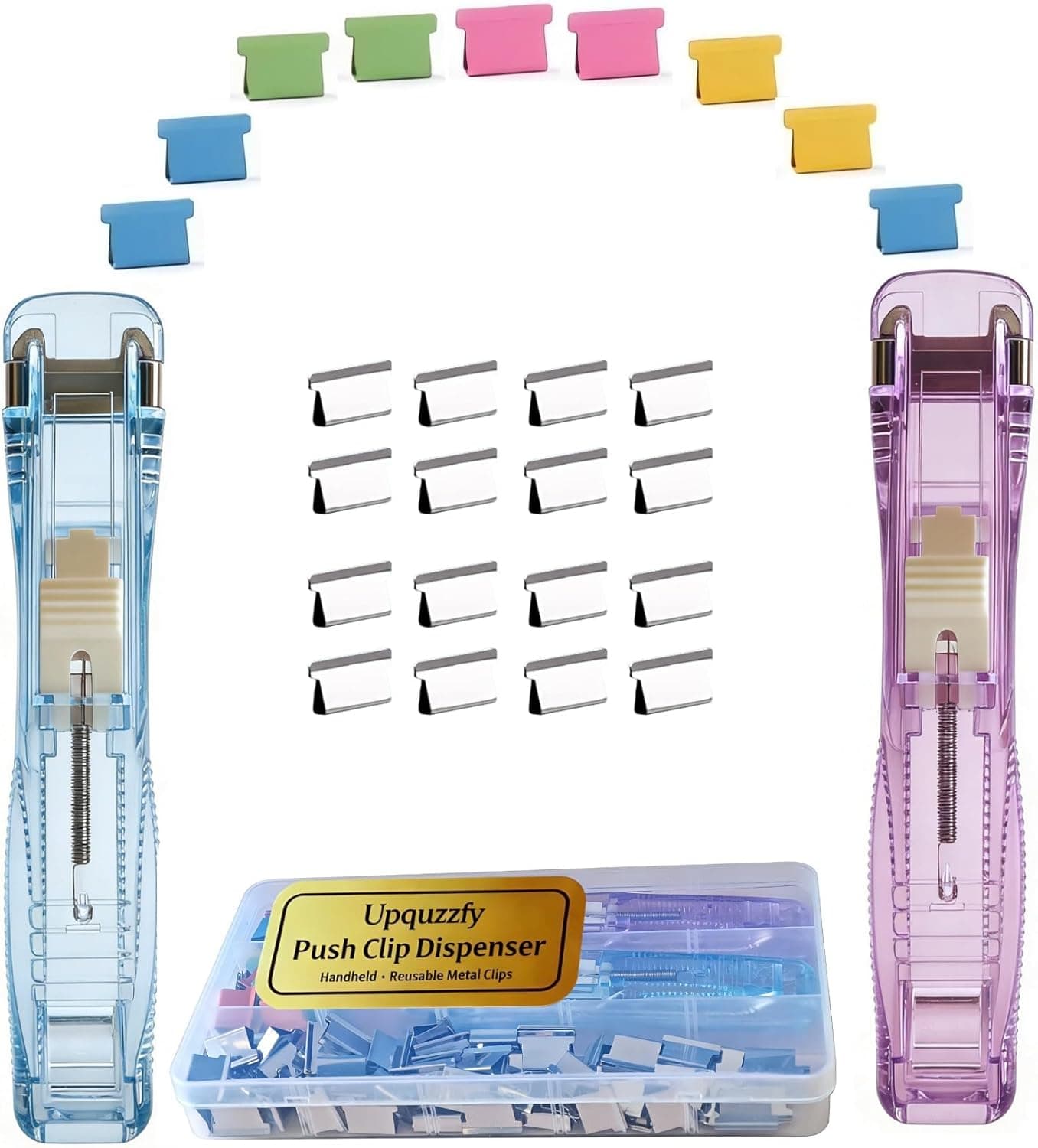 2 Sets Handheld Paper Clam Clip Dispenser with 100 Reusable Paper Clips - Silver & Colorful Metal Clips in Clear Box for Office, School and Home Organization