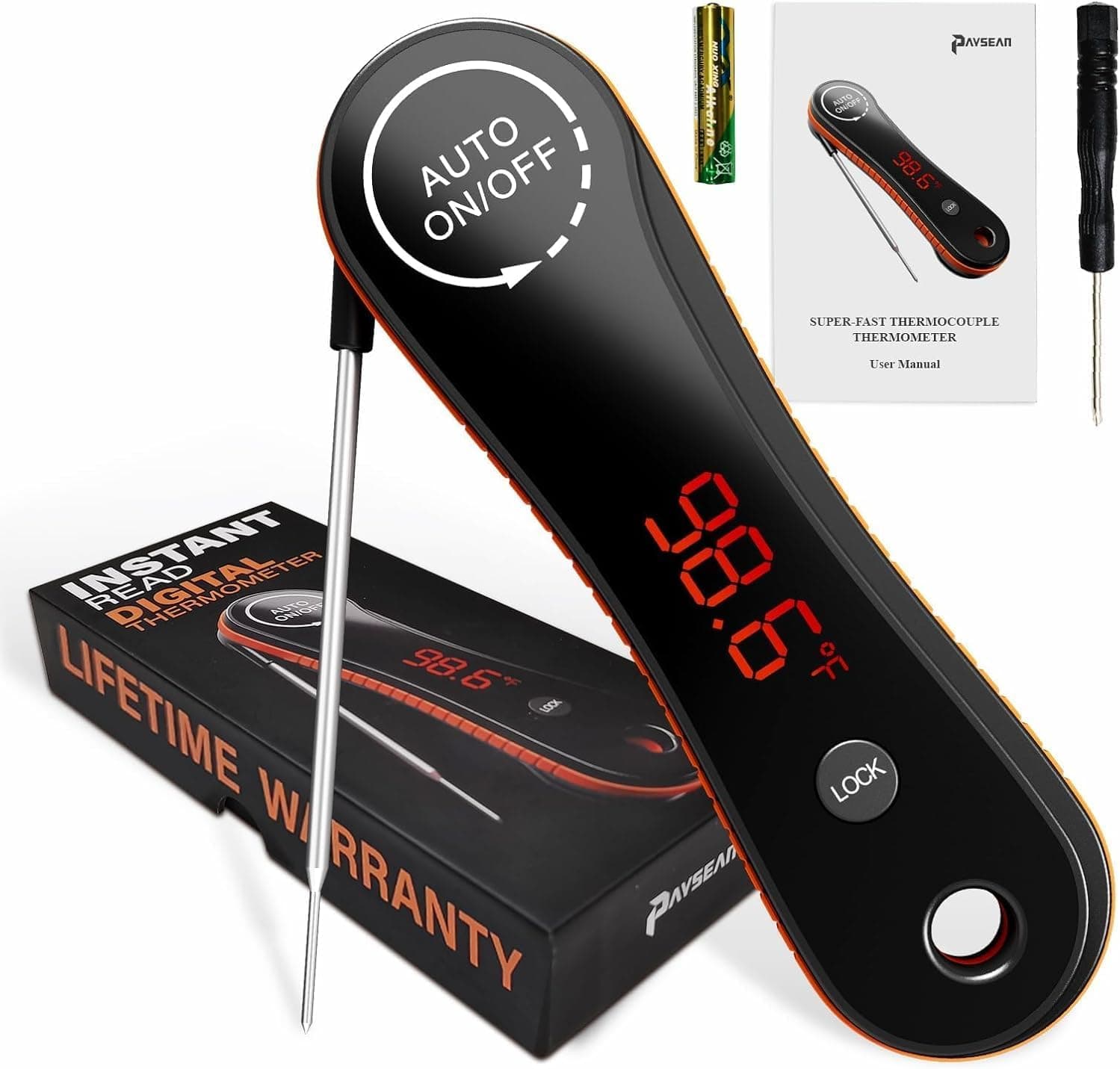Meat Thermometer Digital,Paysean 0.5s Instant Read ±0.5℉ with Auto-Rotating Backlit Display, IP67 Waterproof and Calibration for Cooking, Candy, Grilling, BBQ, Liquid, Smoker, Beef