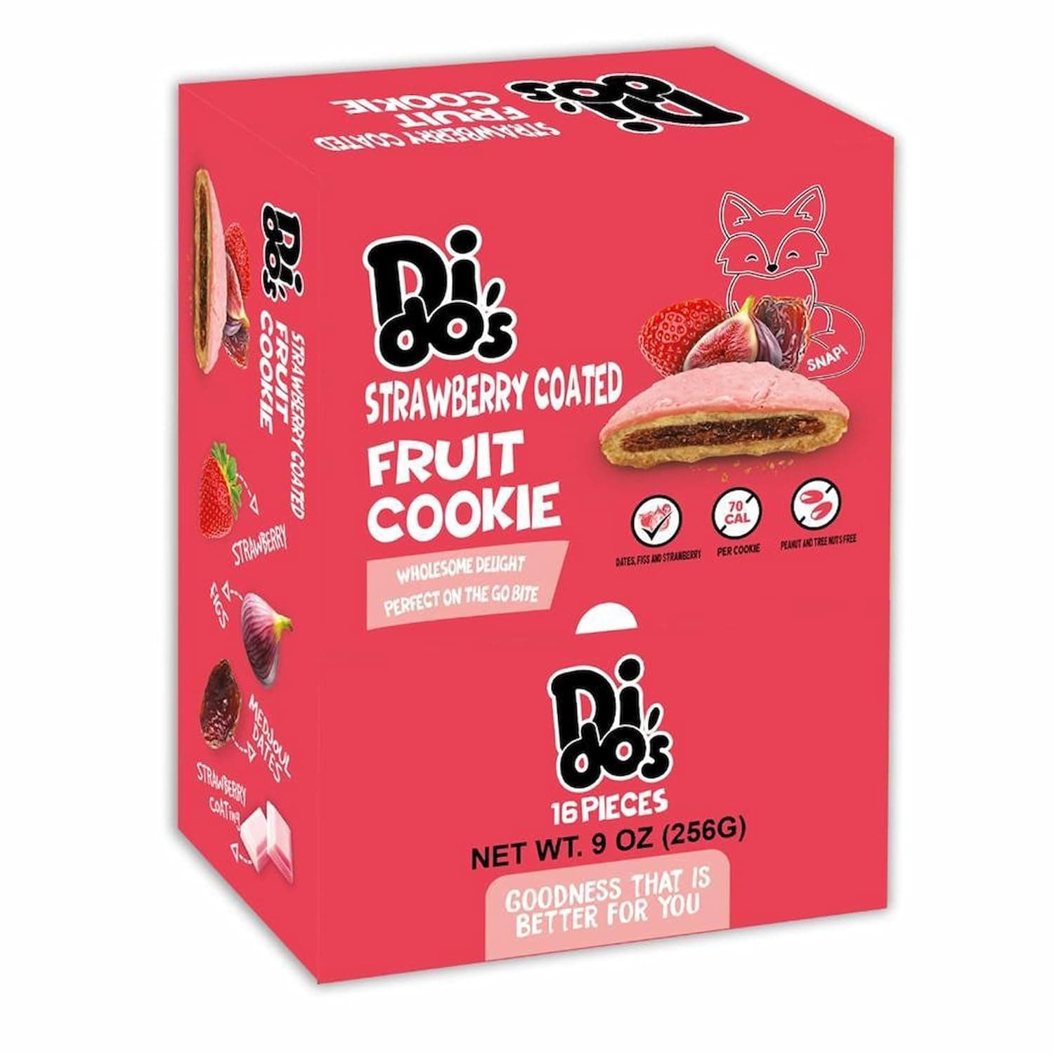 Dido's Fruit Cookies, Soft Fruit Filled Cookies with Medjool Dates & Figs & Strawberries – 16 PCS Individually Wrapped Snack Cookies for Lunchbox & On-The-Go Snacks- Multiple Flavours (Strawberry)