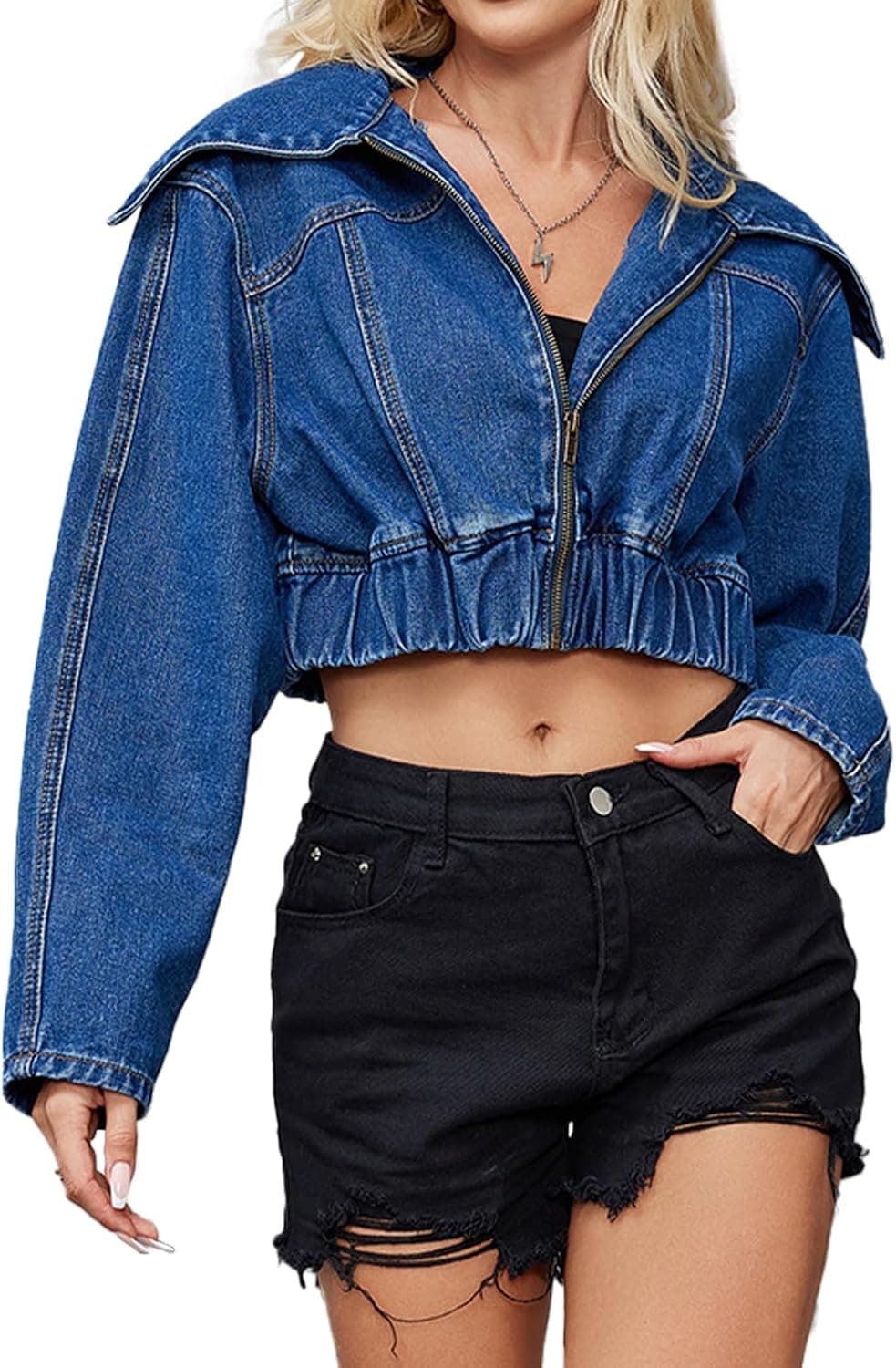 Women's Denim Jacket Long Sleeve Lapel Zip Up Cropped Drop Shoulder Flap Coat Jean Jacket Top