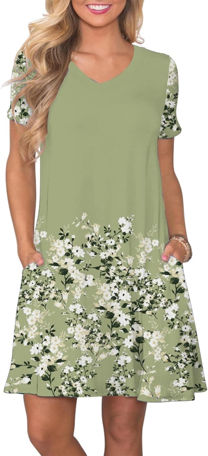 COSSEN Summer Dresses for Women Casual T Shirt V-Neck Short Sleeves Birthday Party Travel Beach Sundress with Pocket