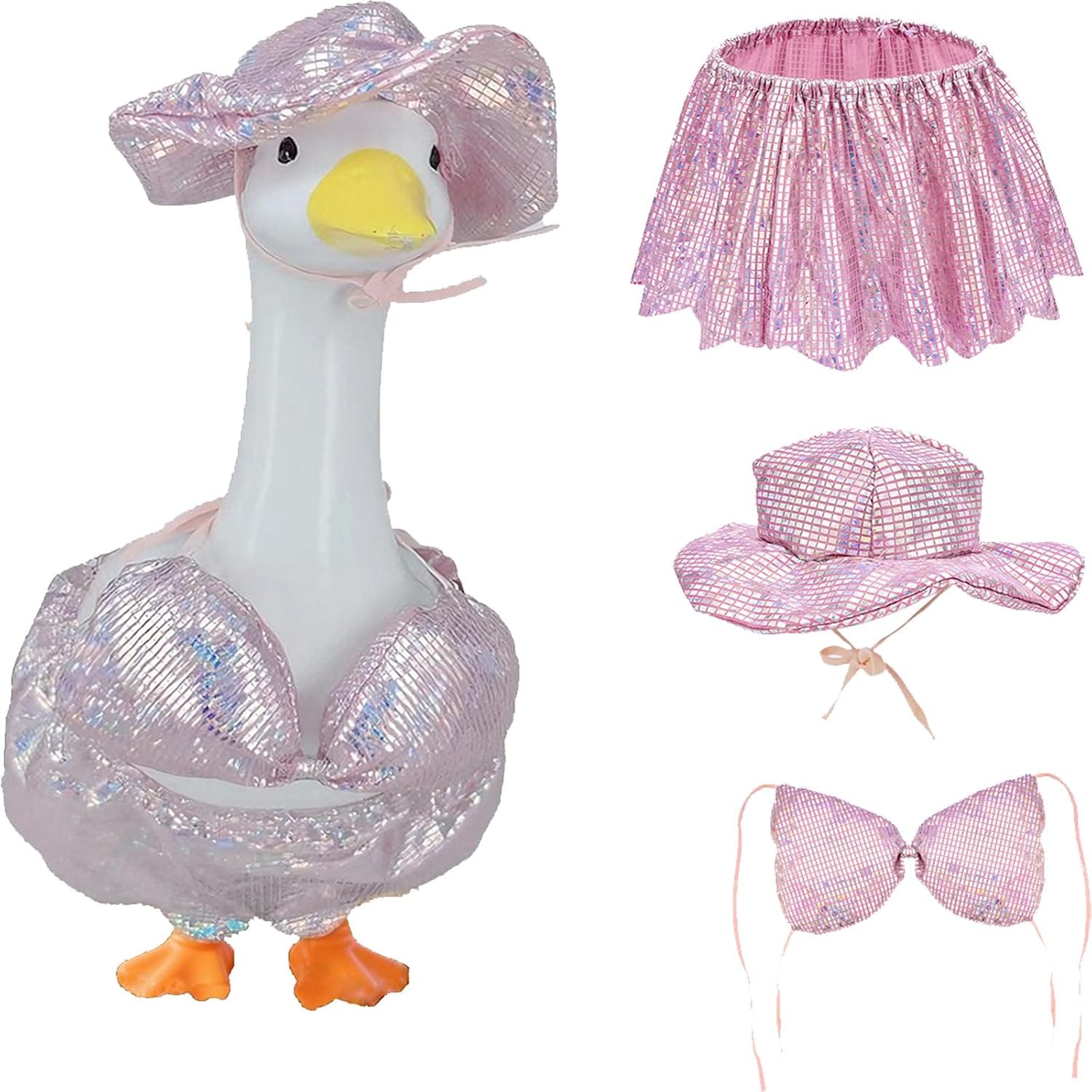 Porch Goose Summer Outfit for Cement or Plastic Goose 23'' Lawn Patio Statue, Bikini Goose Clothes, Blingbling Hawaiian Goose Outfit for Outdoor Garden Yard Decor (Bling Pink)