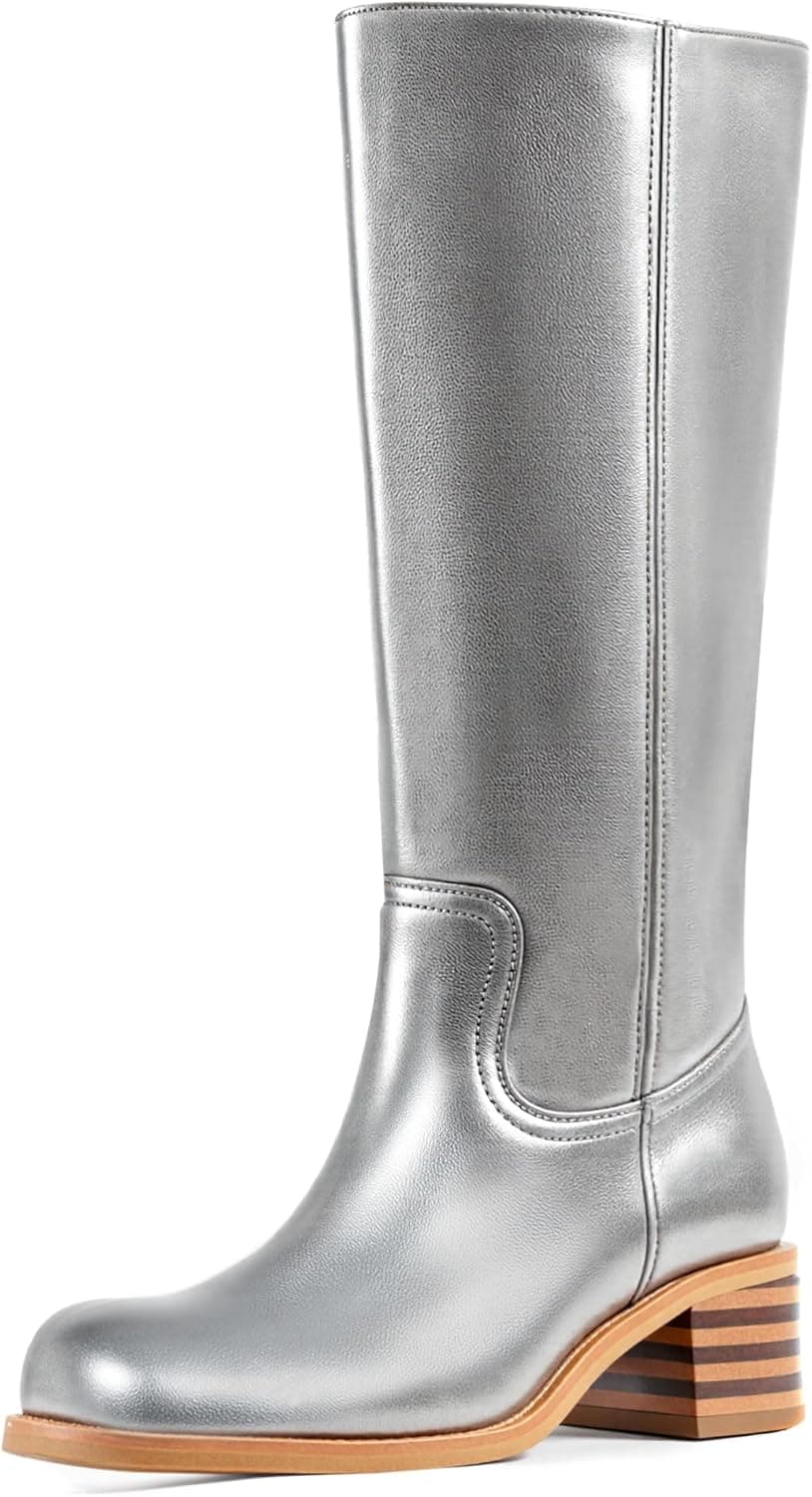 Women's Knee High Campus Boots Square Toe Chunky Block Low Heel Vintage Long Boots for Women Wide Calf