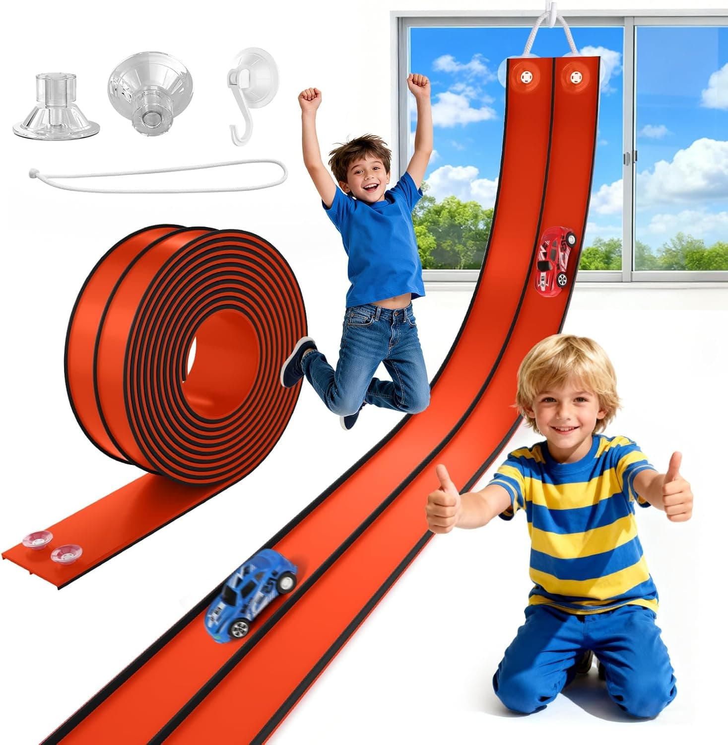 TAEMVV 15 Ft Dual Flexible Race Track for Kids, DIY Ramps Car Track Set Compatible with Hot Wheels 1/64 Diecast Cars, Reinforced Suction Cup for Boys Girls 3+, Red&Black