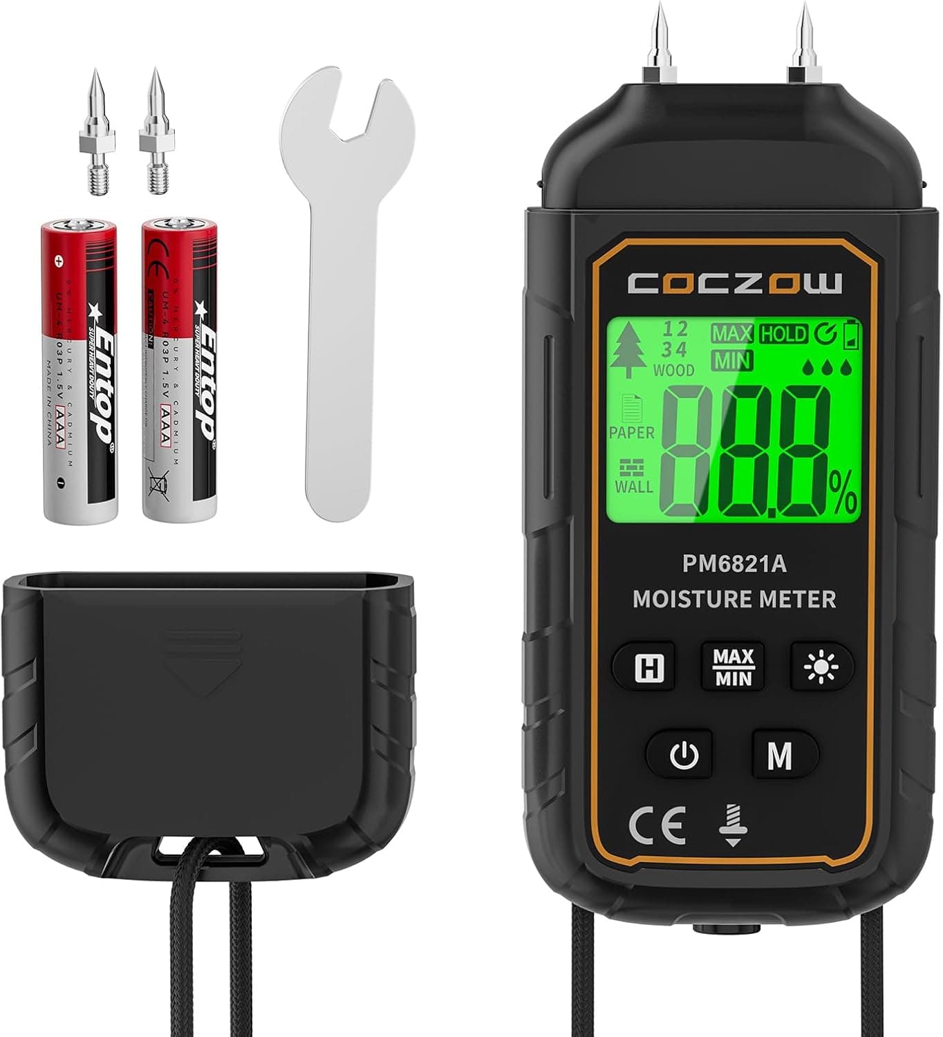 Moisture meter, moisture meter with battery and LCD display, suitable for quickly determining the moisture content of raw wood, paper, plywood, plaster walls, wooden floors, etc.