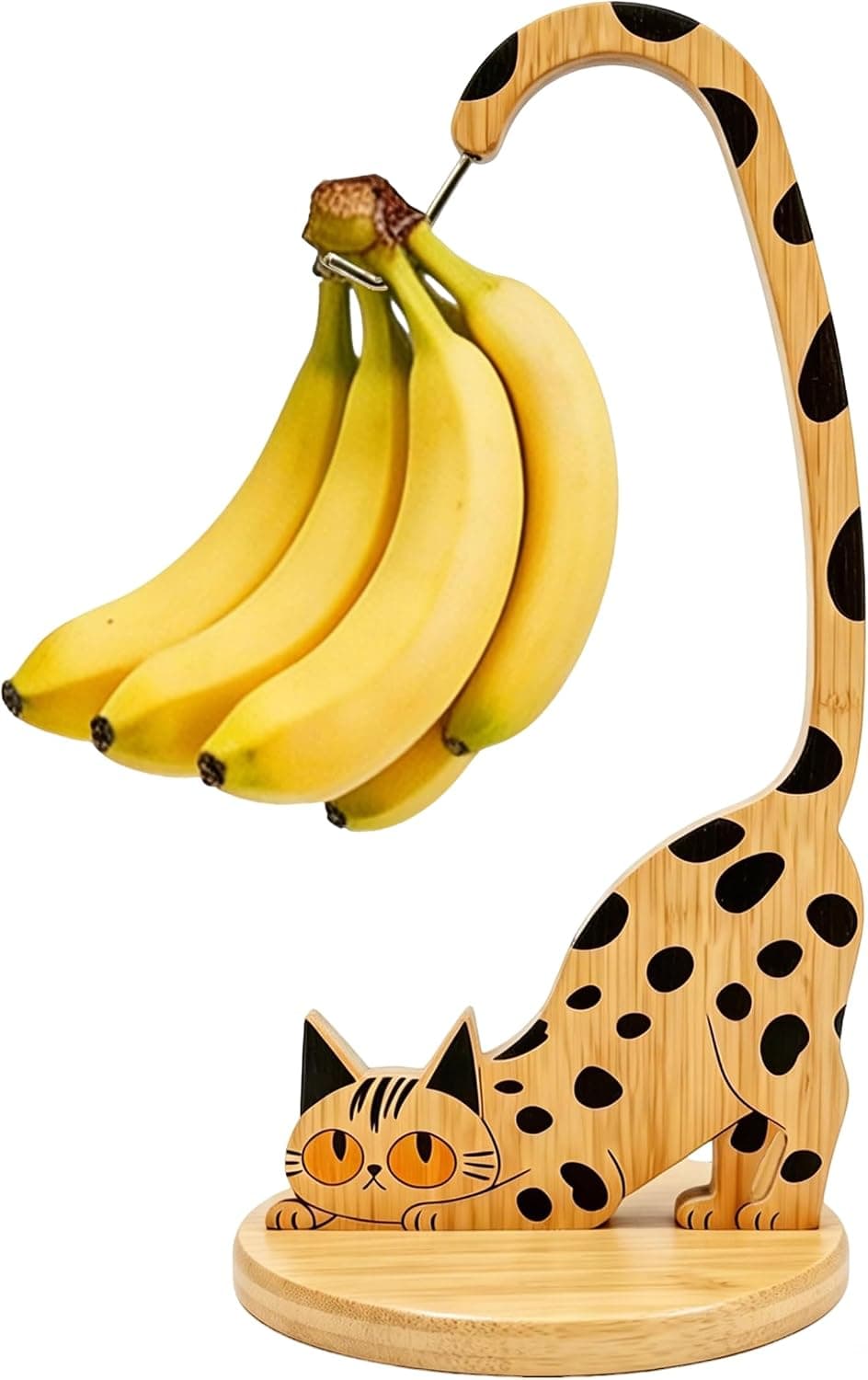 Cat Banana Holder Stand, Natural Bamboo Banana Hanger with Stainless Steel Hook for Kitchen Countertop - Decorative Leopard Cat Fruit Tree for Even Ripening, Quirky Home Decor - image 1