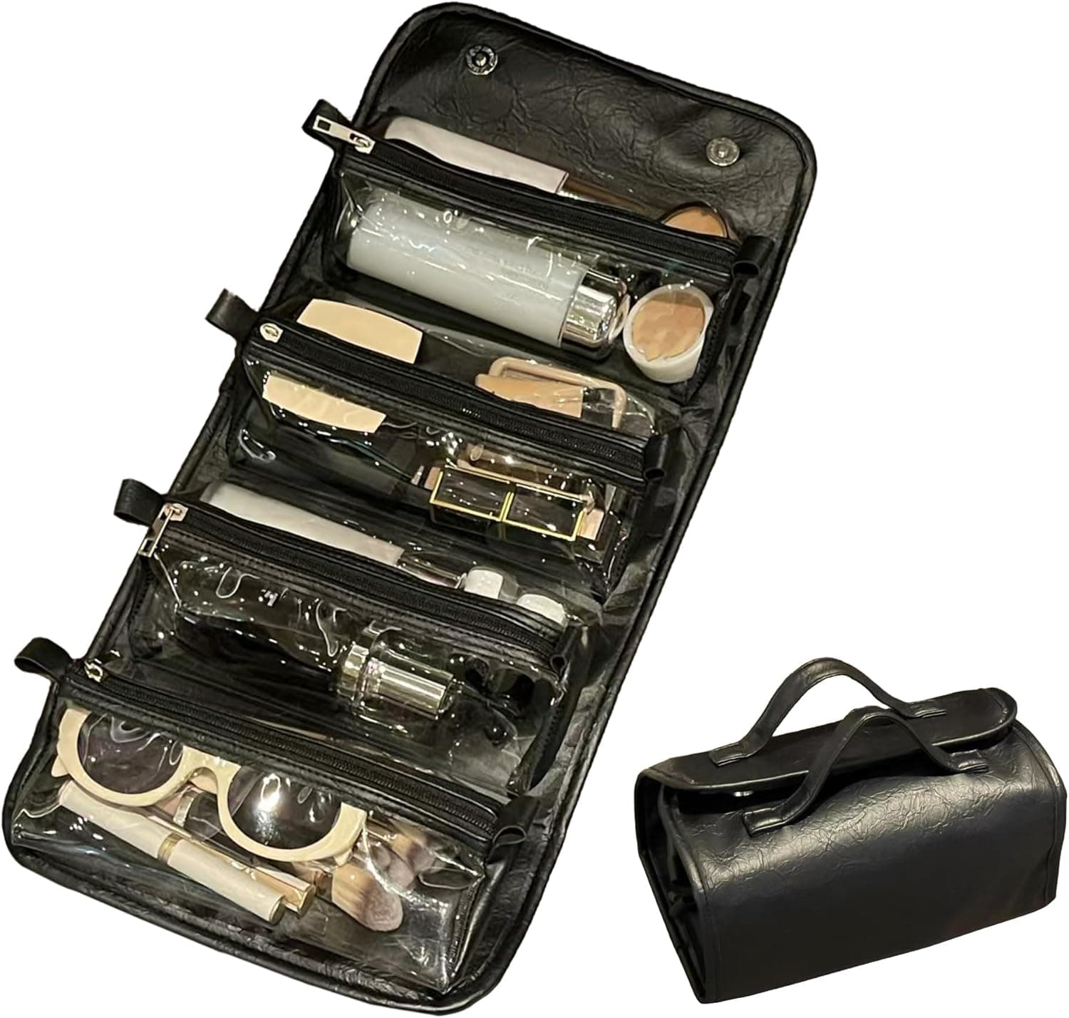 4-IN-1 Detachable Cosmetic Bag, Foldable Waterproof PU Leather Makeup Bag, Portable Travel Toiletry Organizer Bag for Women Daily & Travel Use (Ultimate Black)