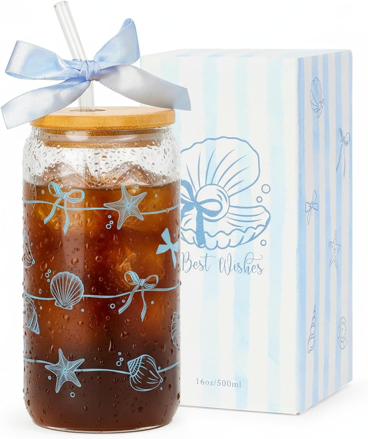 Ocean Animals Glass Cup with Lid and Straw, 16oz Iced Coffee Cup Tumbler Beach Gifts for Women Teen Girls Valentines Gifts for Mom Wife Sister Friends Colleagues Beach Lovers - image 1